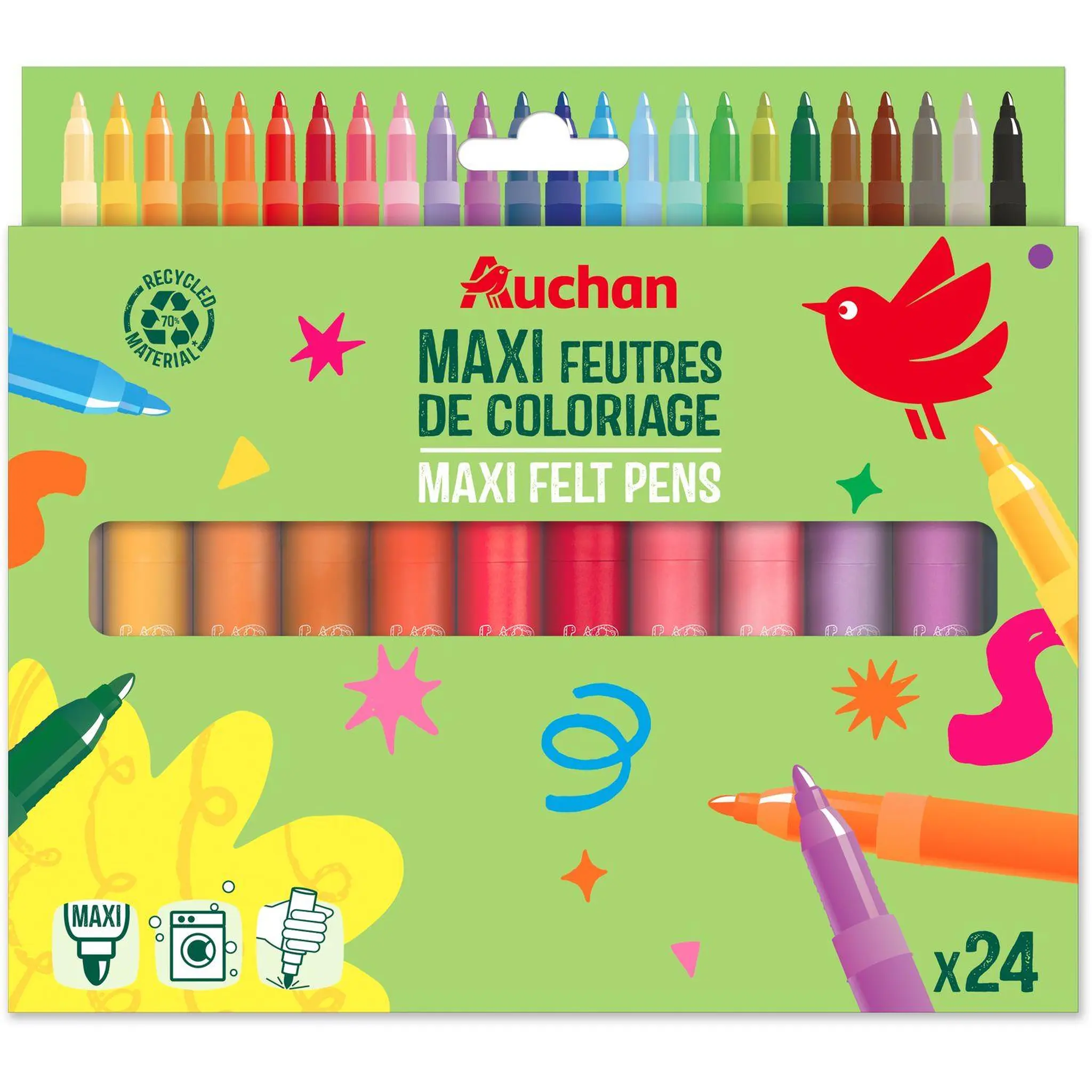 AUCHAN Pochette de 24 feutres Maxi Pointe Large Jumbo recyclé