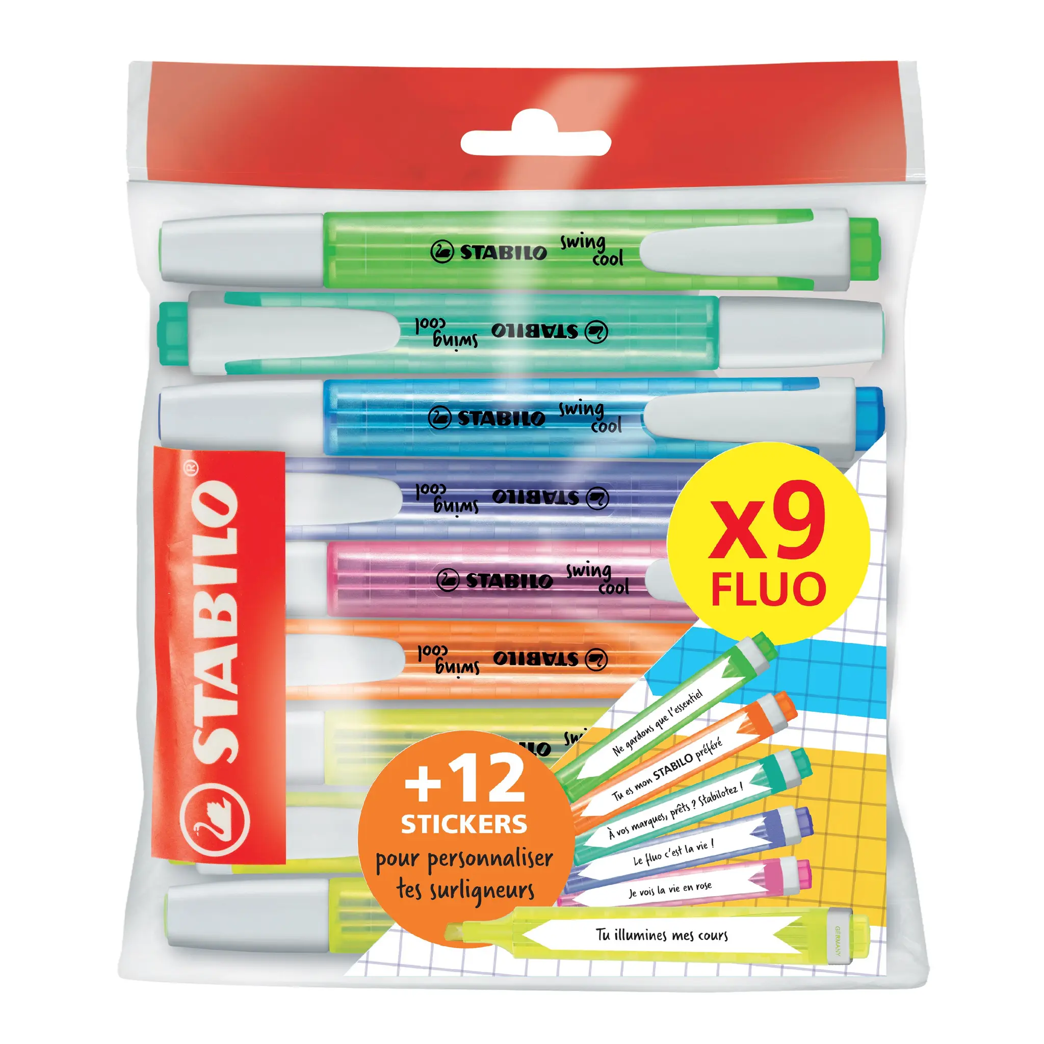 STABILO Surligneurs x9Swing Cool Fluo + 12 Stickers messsage