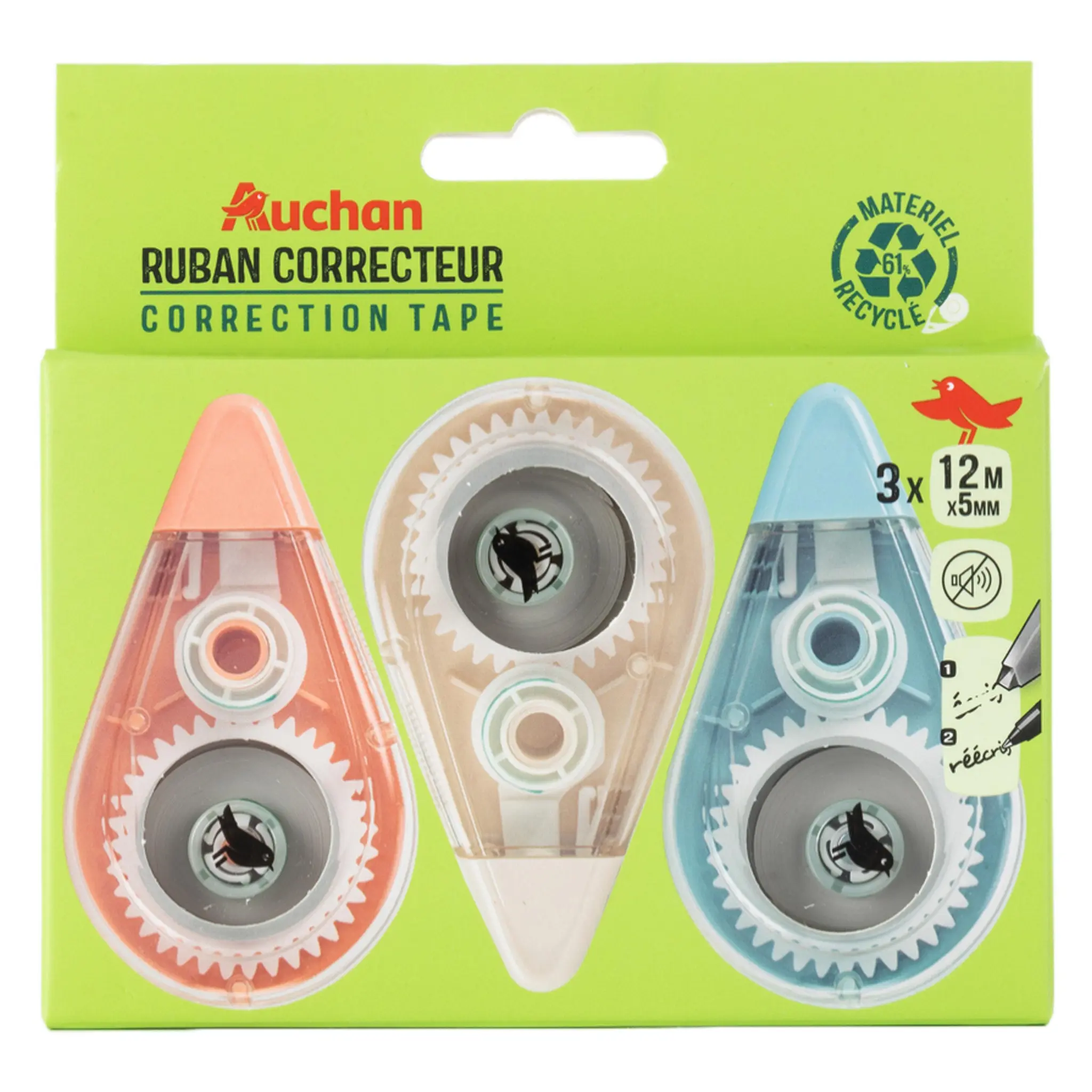 AUCHAN Lot de 3 rubans correcteurs 12m