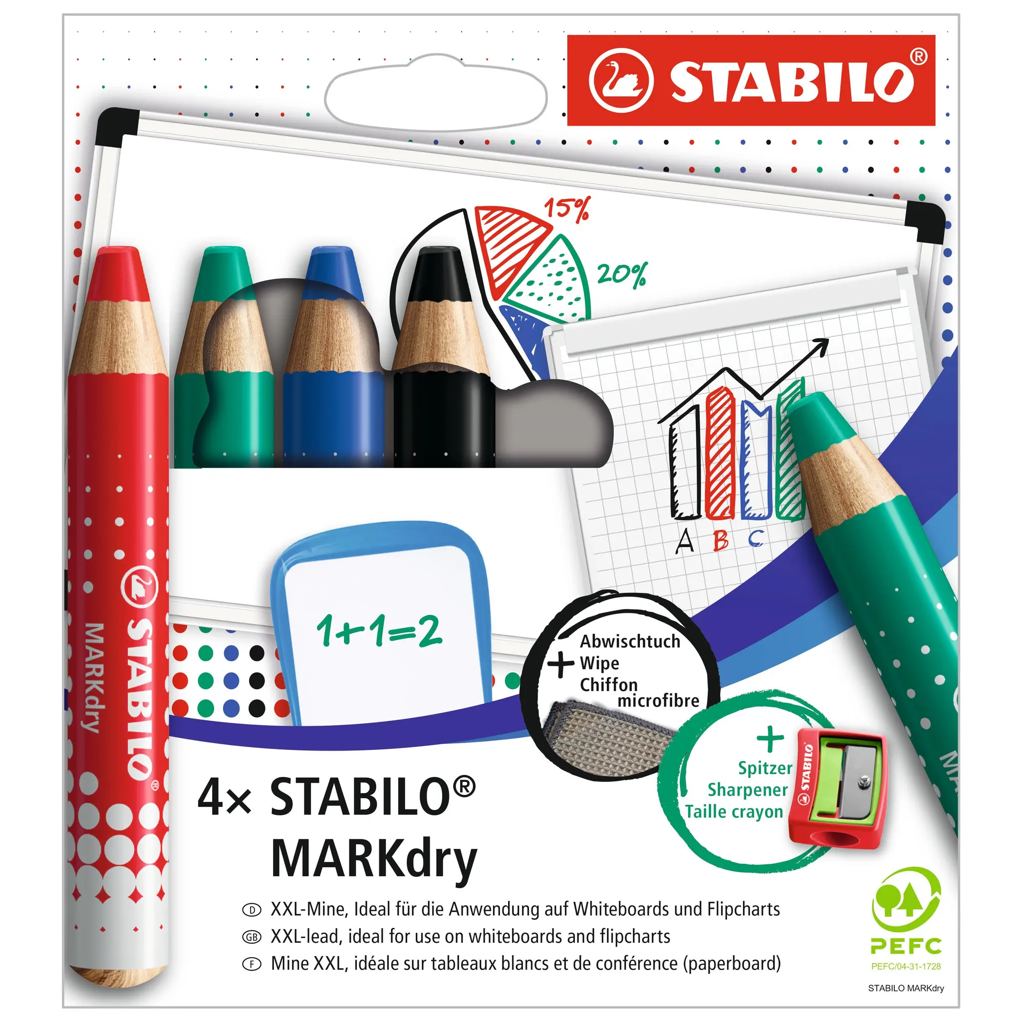 STABILO Crayons x4 effaçable à sec Markdry +Taille crayon + Chiffon microfibre