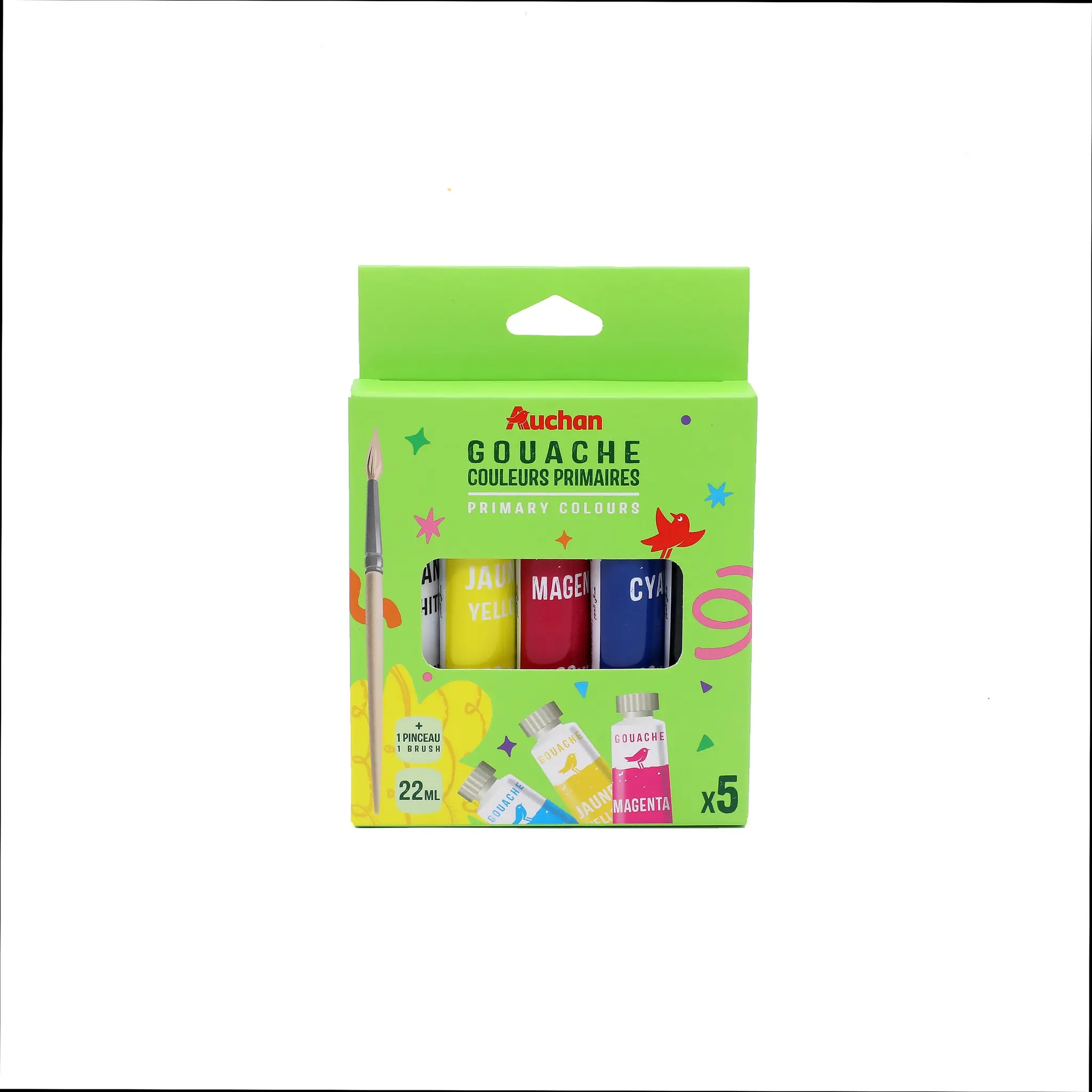 AUCHAN Tubes de gouache x5 22ml - Couleurs primaires+Brosse