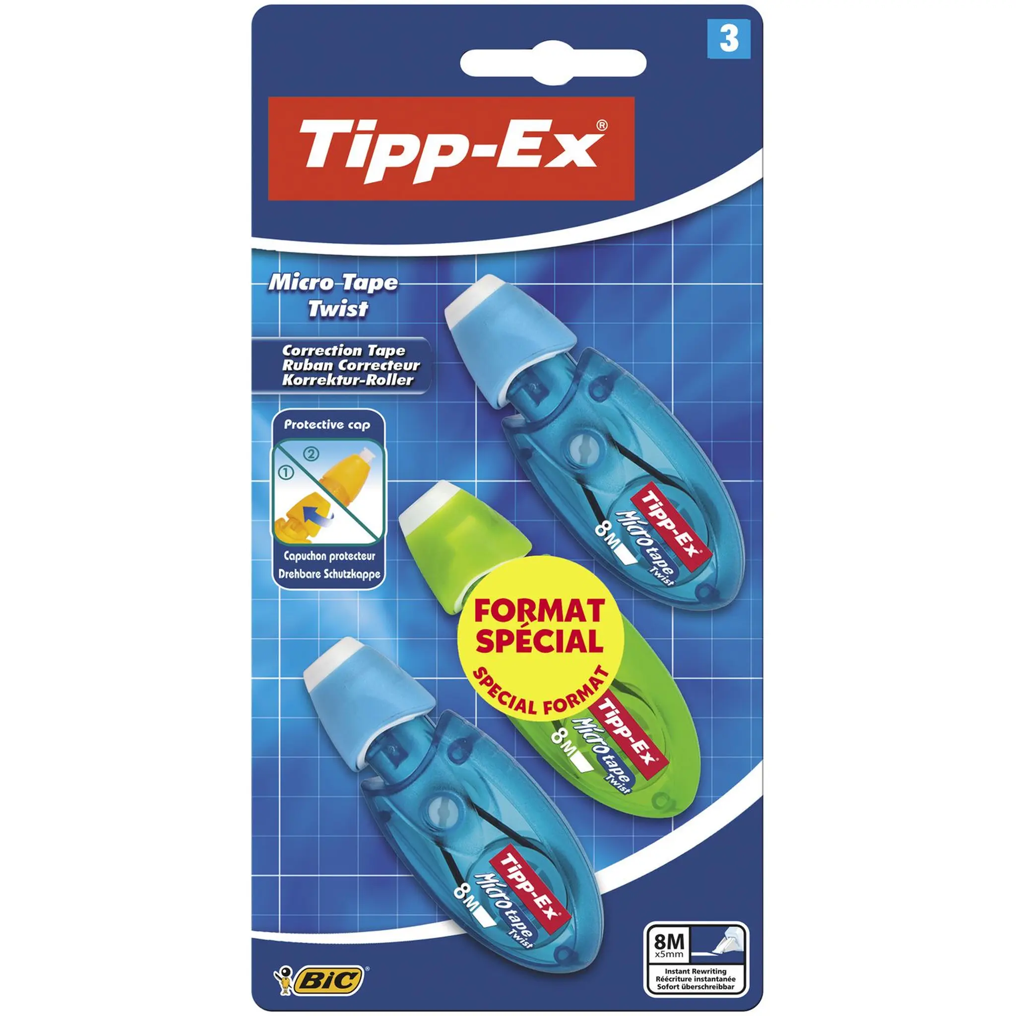 BIC Lot de 3 souris correctrices Tipp-ex 8m avec capuchon Micro Tape Twist bleu et vert