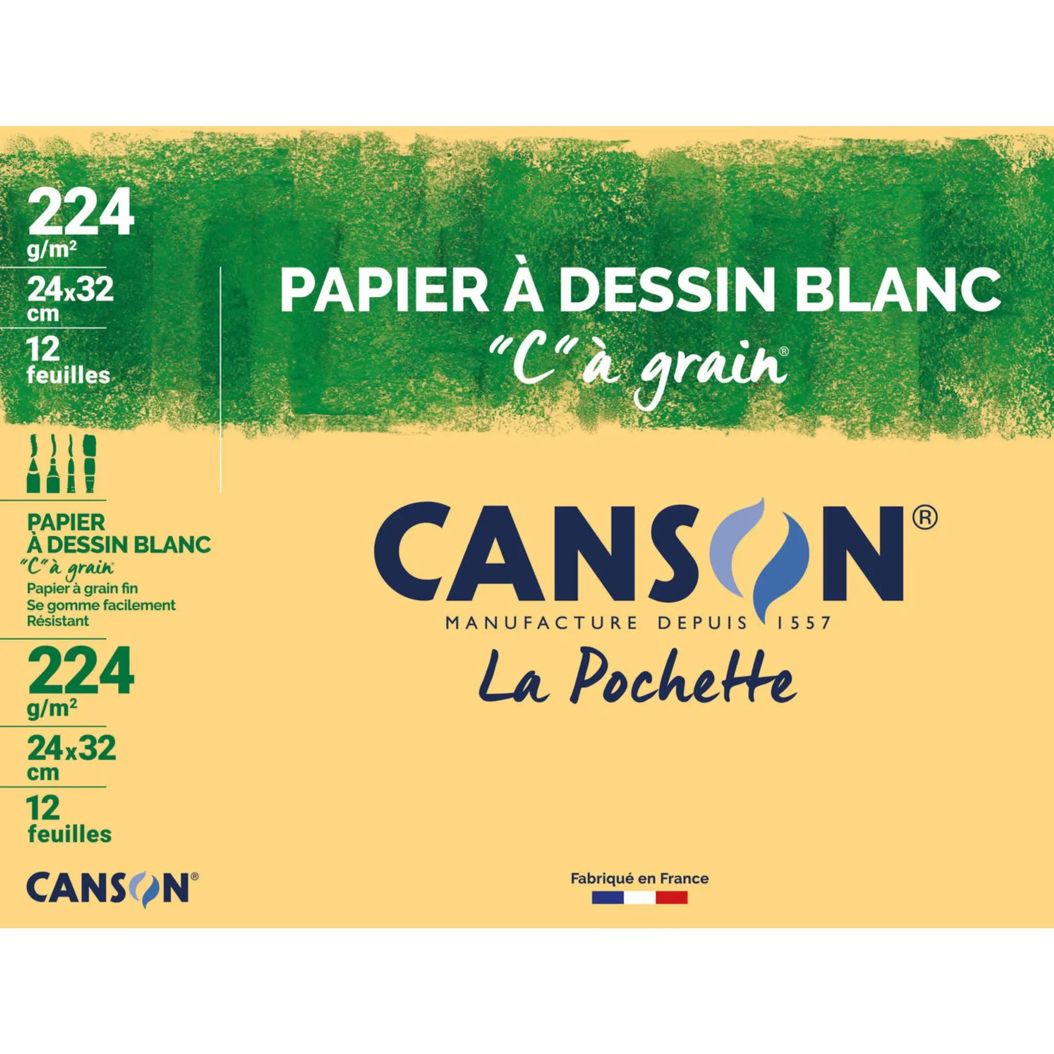 CANSON Pochette papier à dessin blanc à grain 12 feuilles 24x32 cm 224g