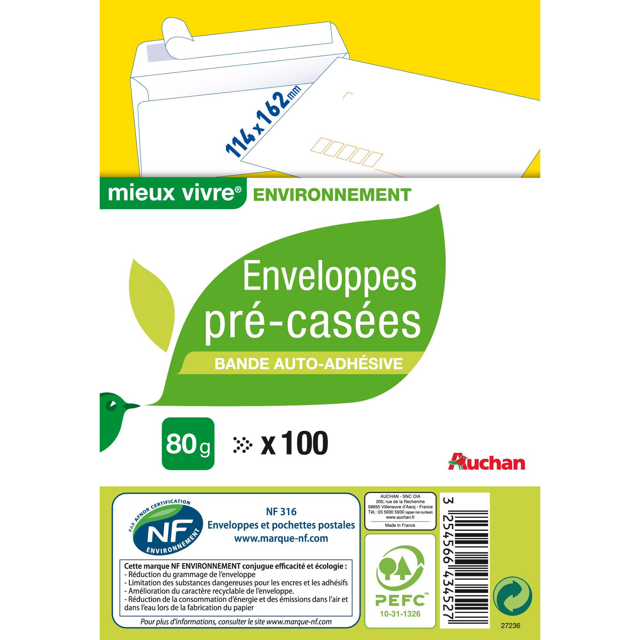 AUCHAN Lot de 100 enveloppes pré-casées 11.4x16.2cm - blanc