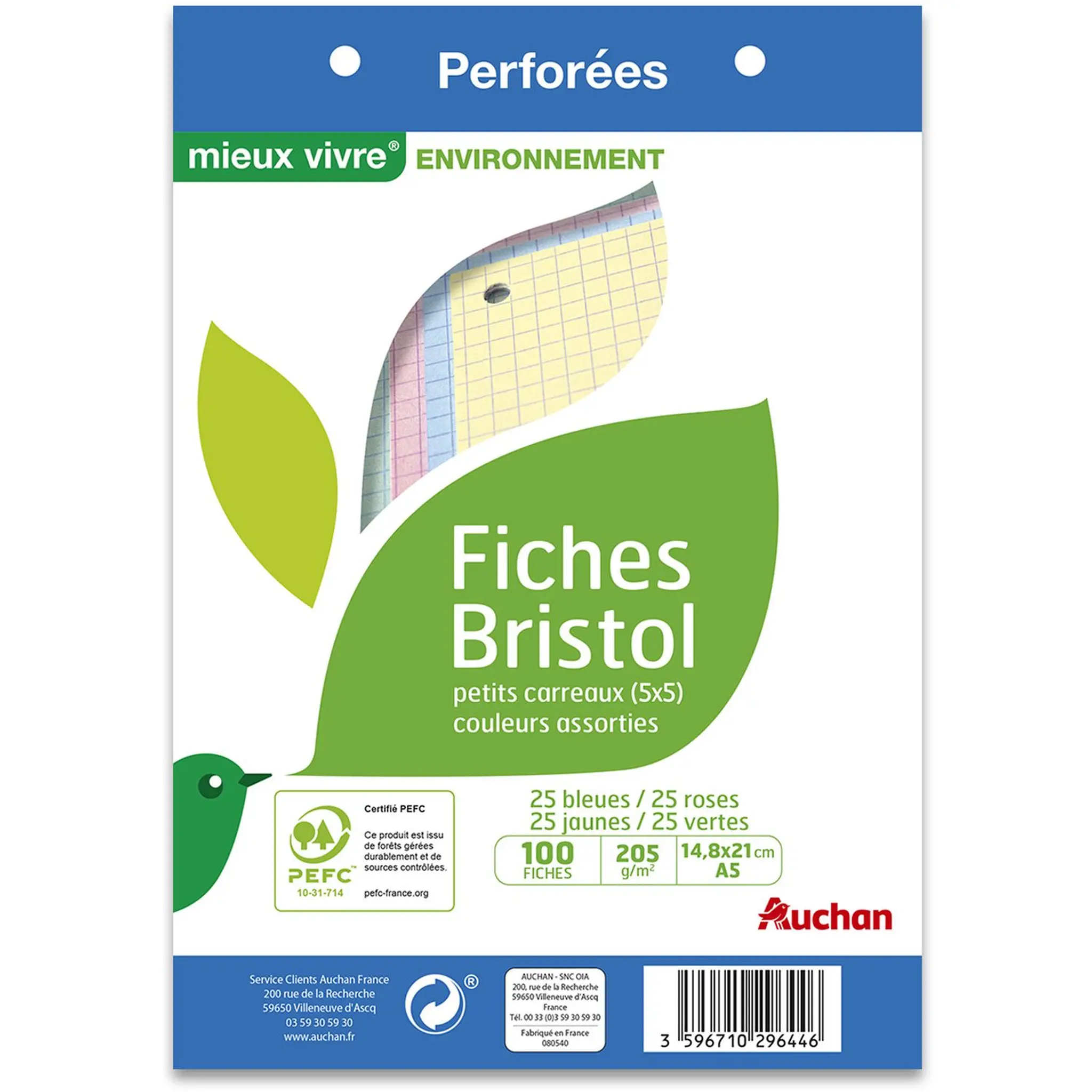 AUCHAN Fiches bristol perforées 14,8x21cm colorées
