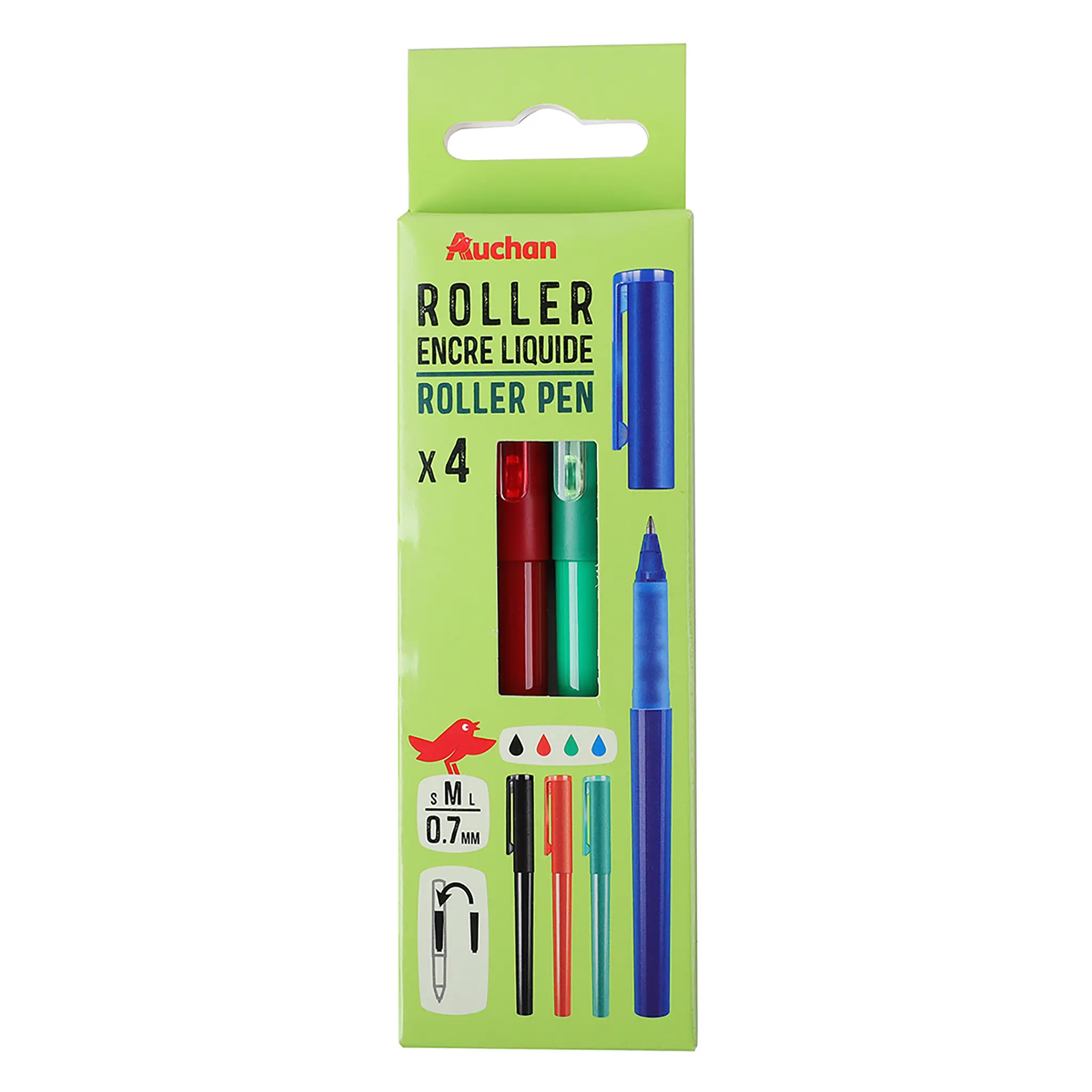 AUCHAN Lot de 4 stylos roller pointe moyenne 0.7mm coloris assortis