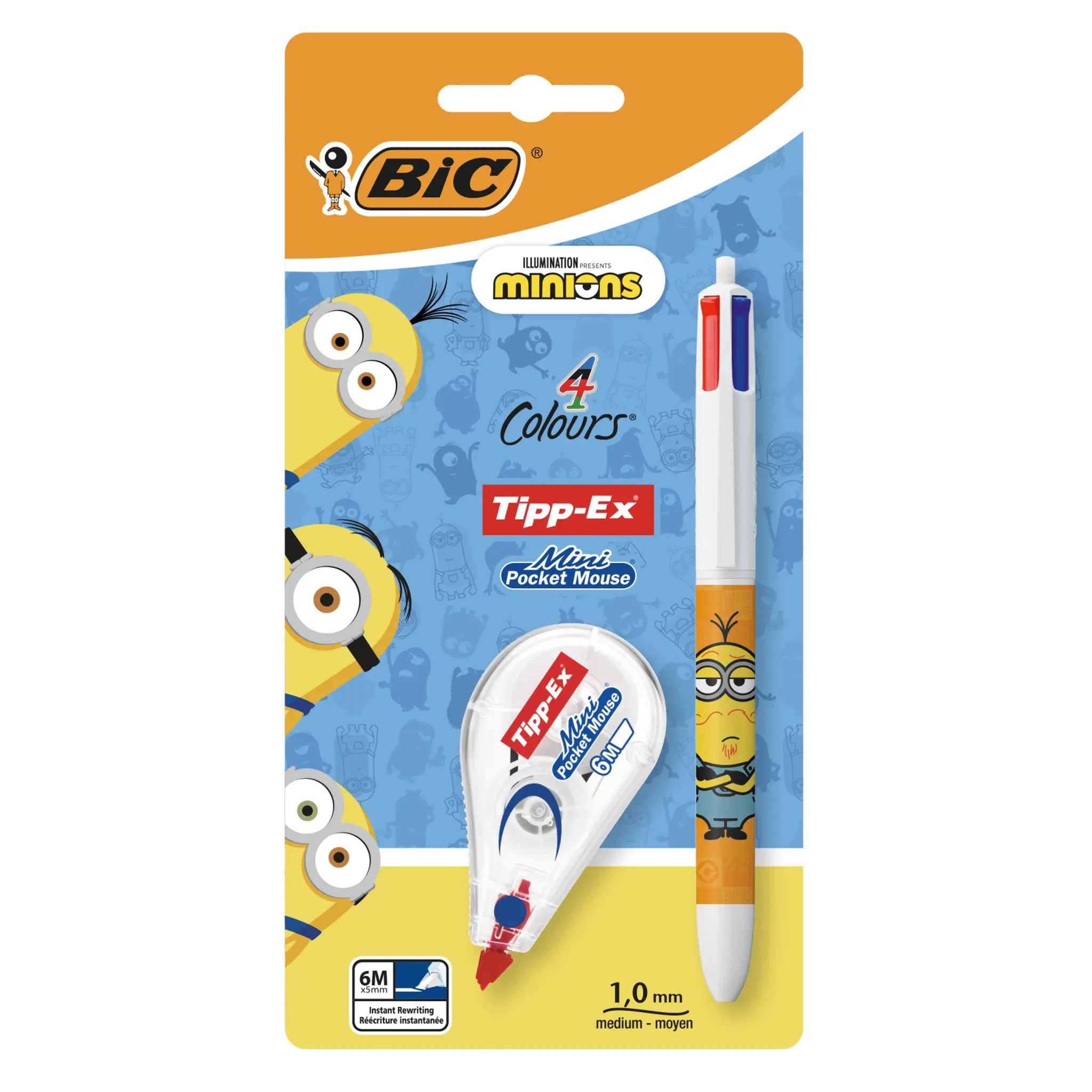 BIC Stylo à bille 4 couleurs pointe moyenne Minions + 1 souris correctrice
