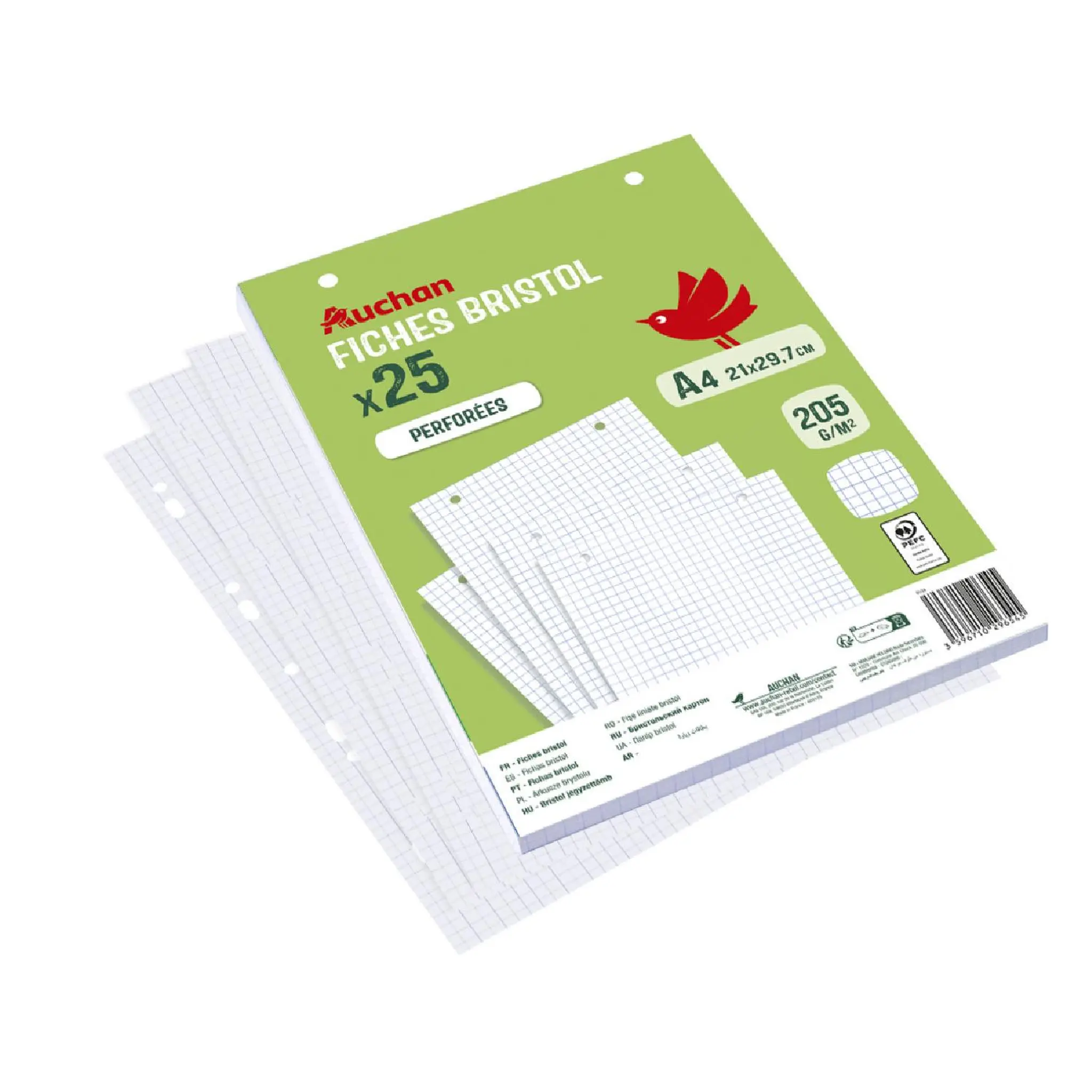 AUCHAN Lot de 25 fiches bristol 21x29,7cm petits carreaux 5x5 perforées