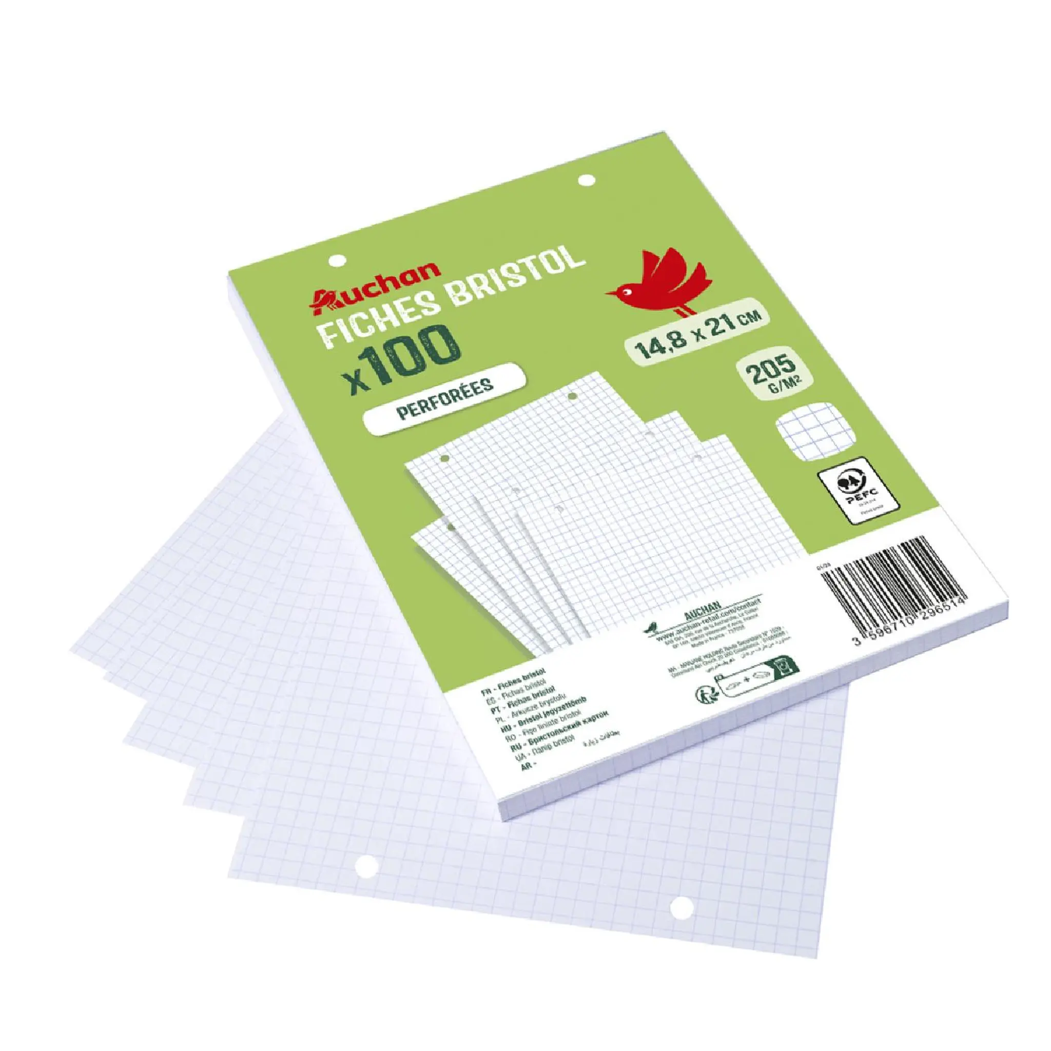 AUCHAN Lot de 100 fiches bristol 14,8x21cm petits carreaux 5x5 perforées