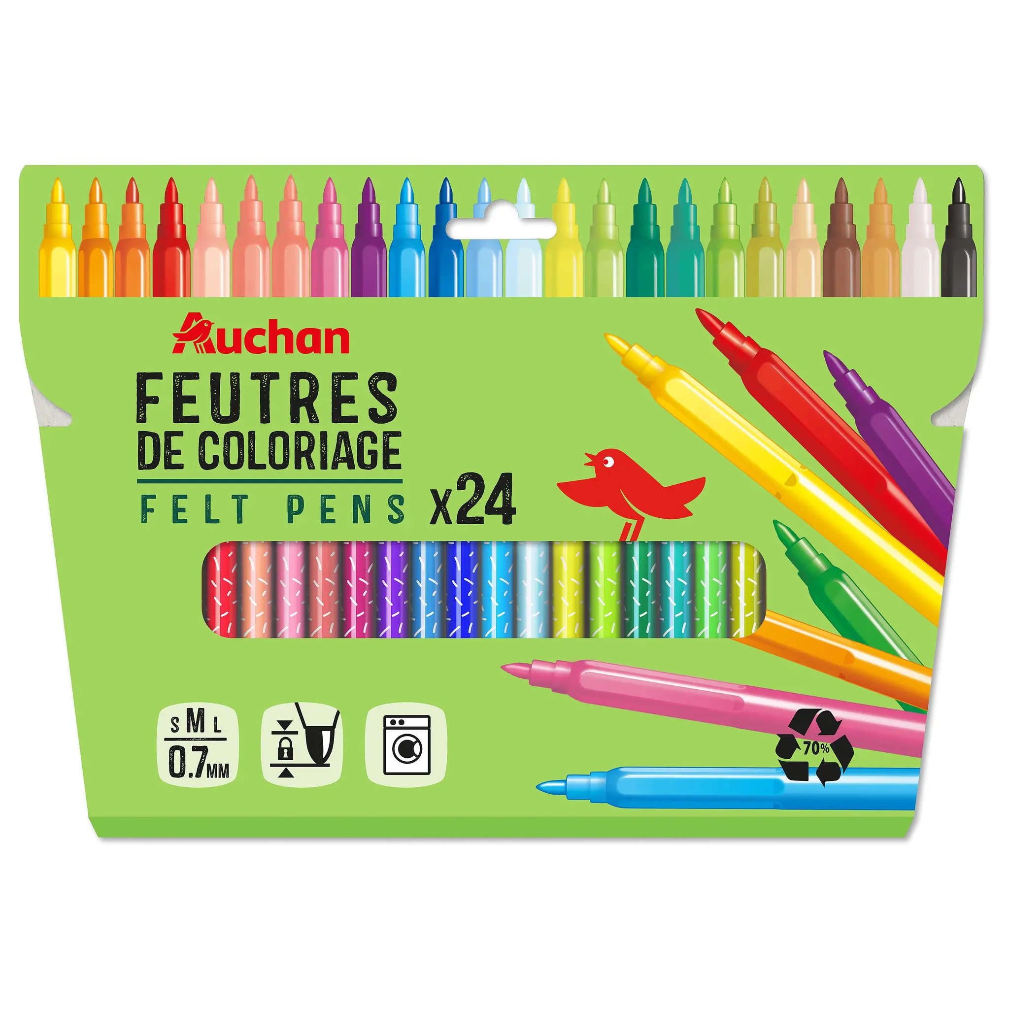 AUCHAN Etui de 24 feutres de coloriage pointe fine recyclés