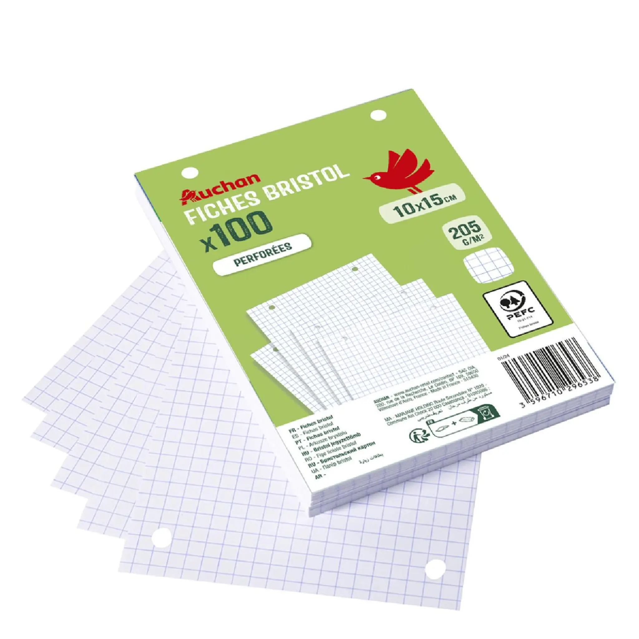AUCHAN Lot de 100 fiches bristol 10x15cm petits carreaux 5x5 perforées