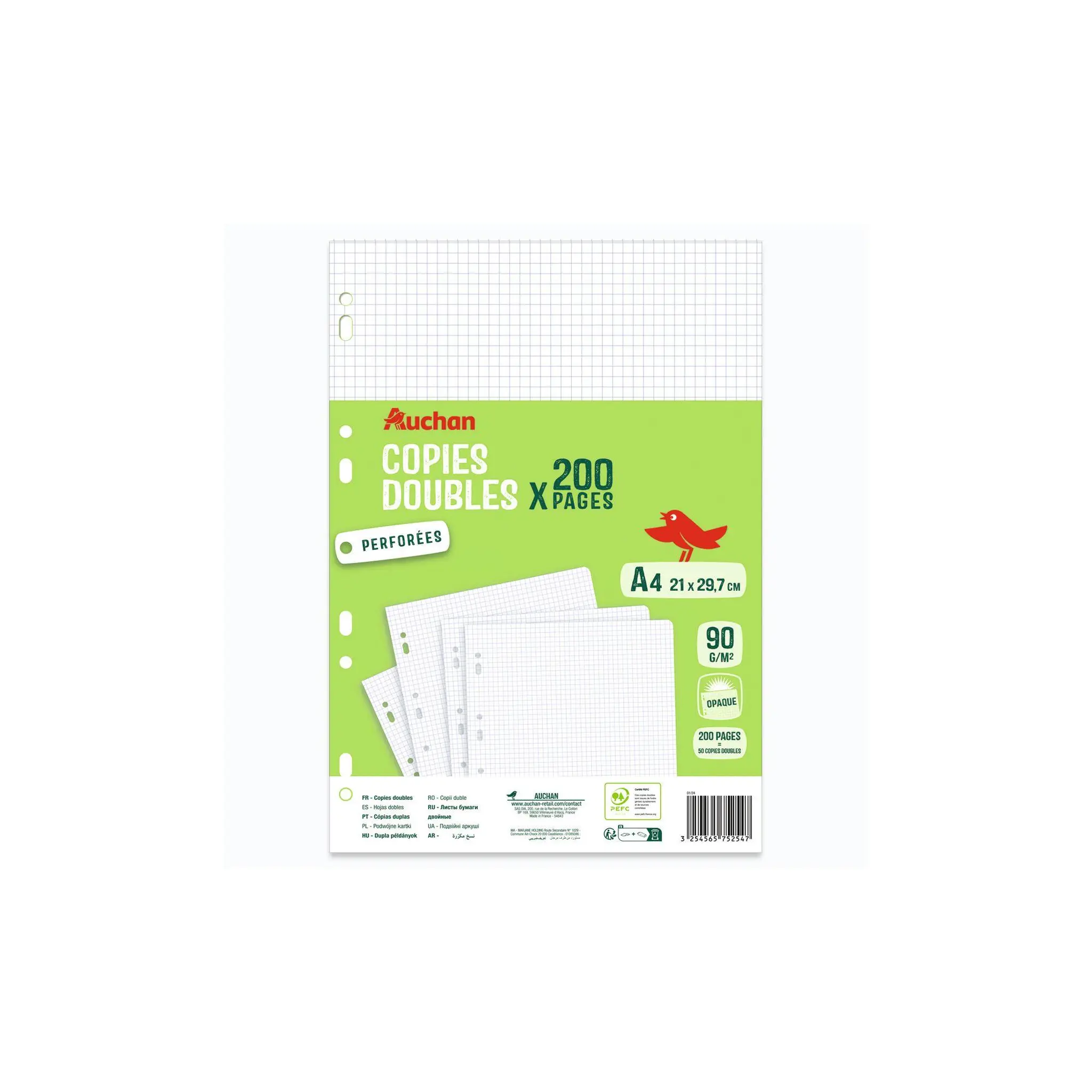 AUCHAN Copies doubles 200 pages, petits carreaux 5x5 perforées, format 21x29,7cm