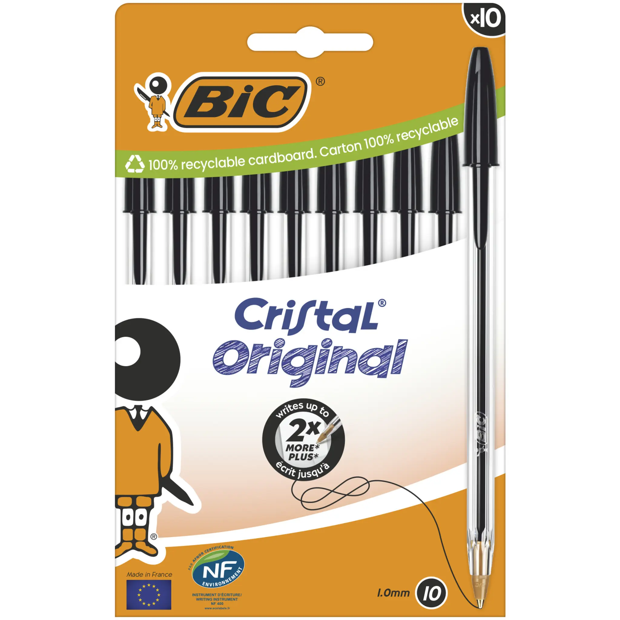 BIC Stylo bille cristal noir pointe moyenne x10
