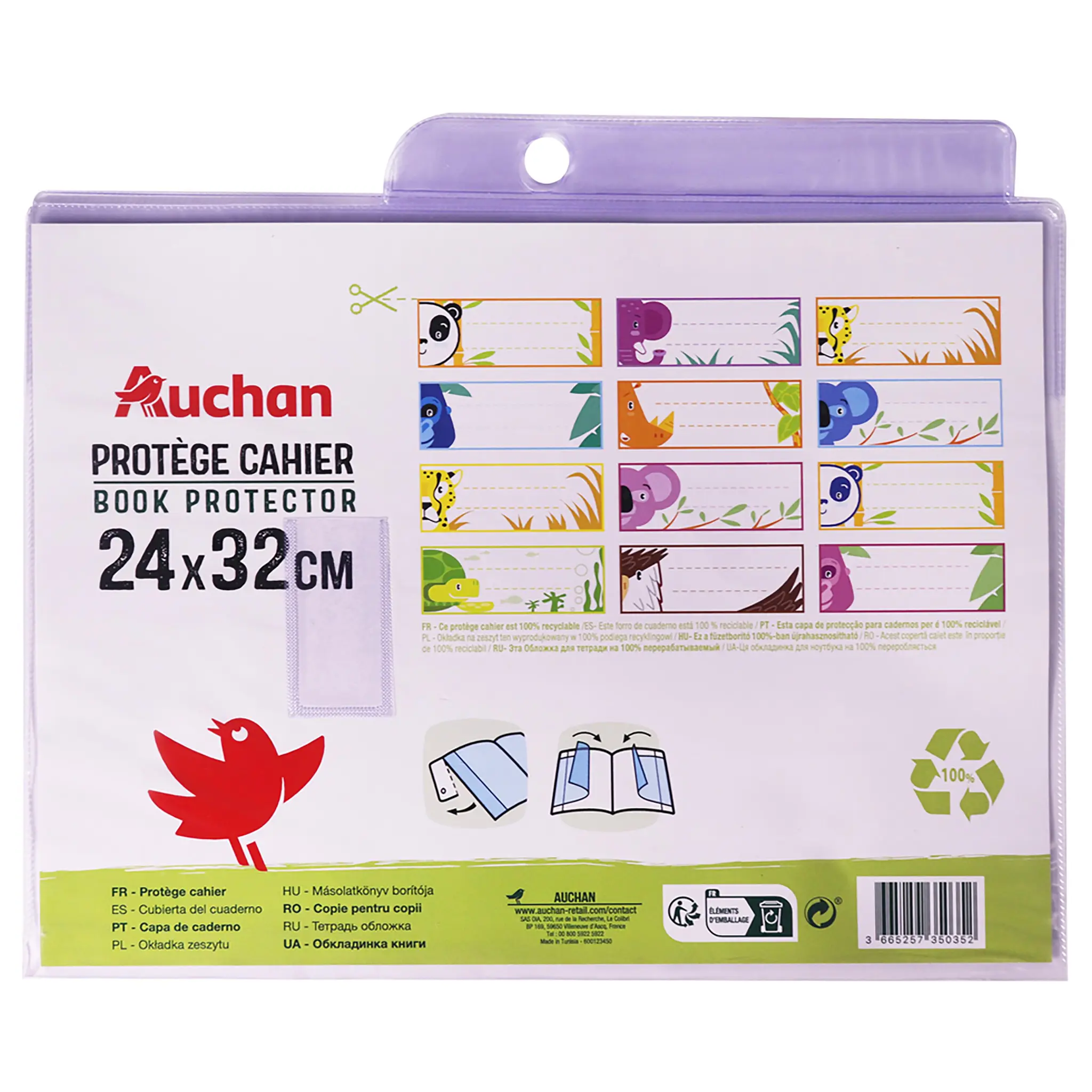 AUCHAN Protège cahier 24x32cm à rabats cristal blanc translucide