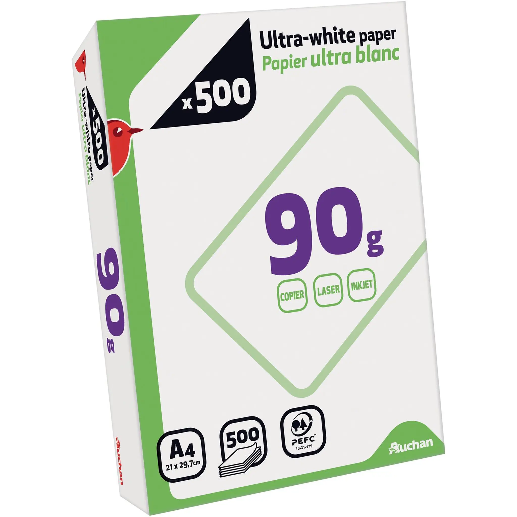AUCHAN Ramette de papier 21x29.7cm A4 ultra blanc 90g