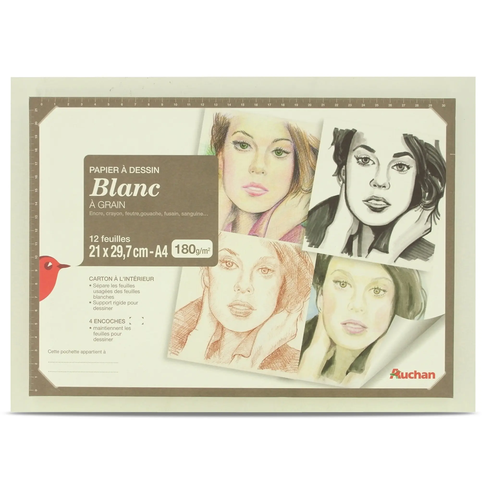 AUCHAN Pochette de papier à dessin 12 feuilles A4 180g/m2 blanc