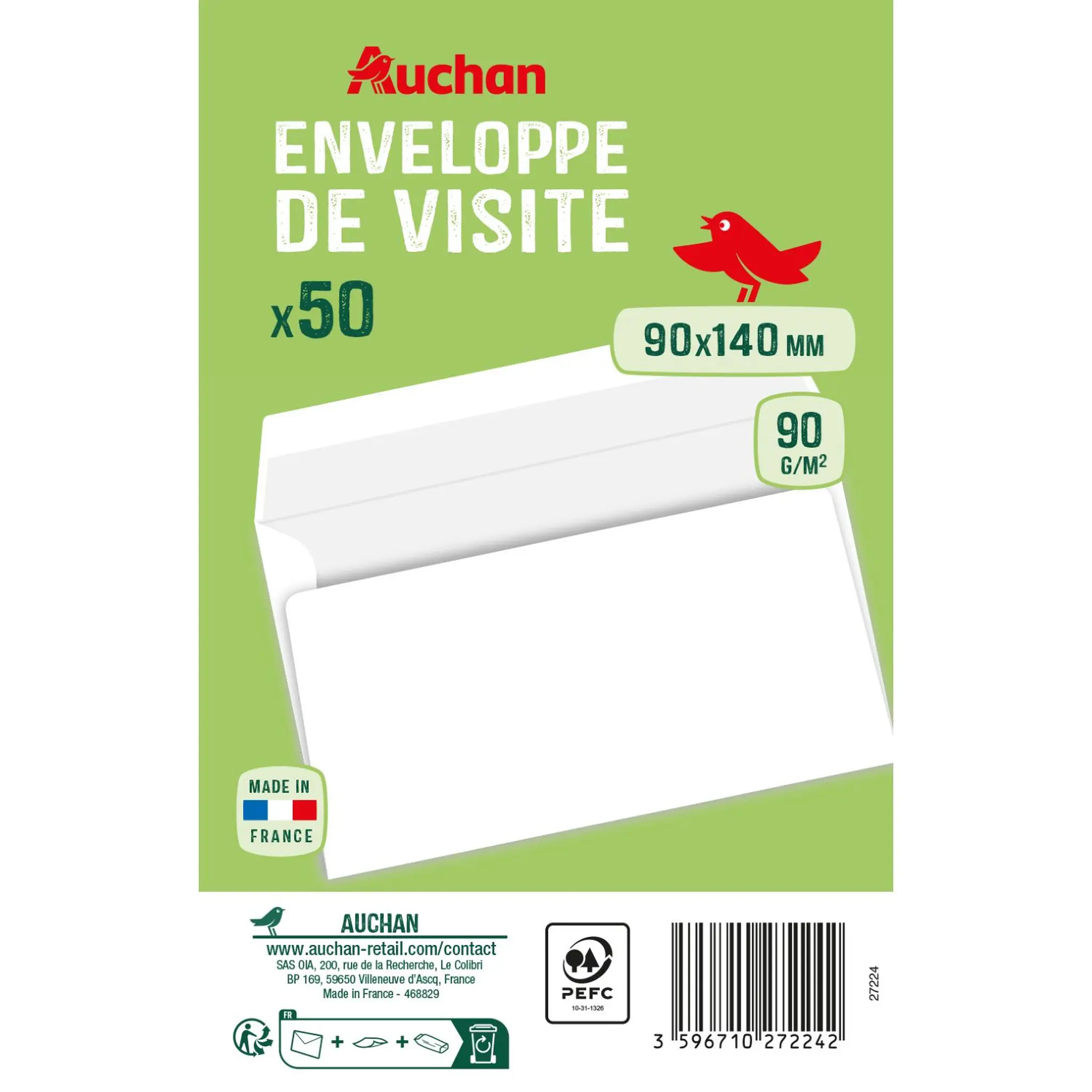 AUCHAN Enveloppe de visite 90 x140 mm x 50 - Blanc