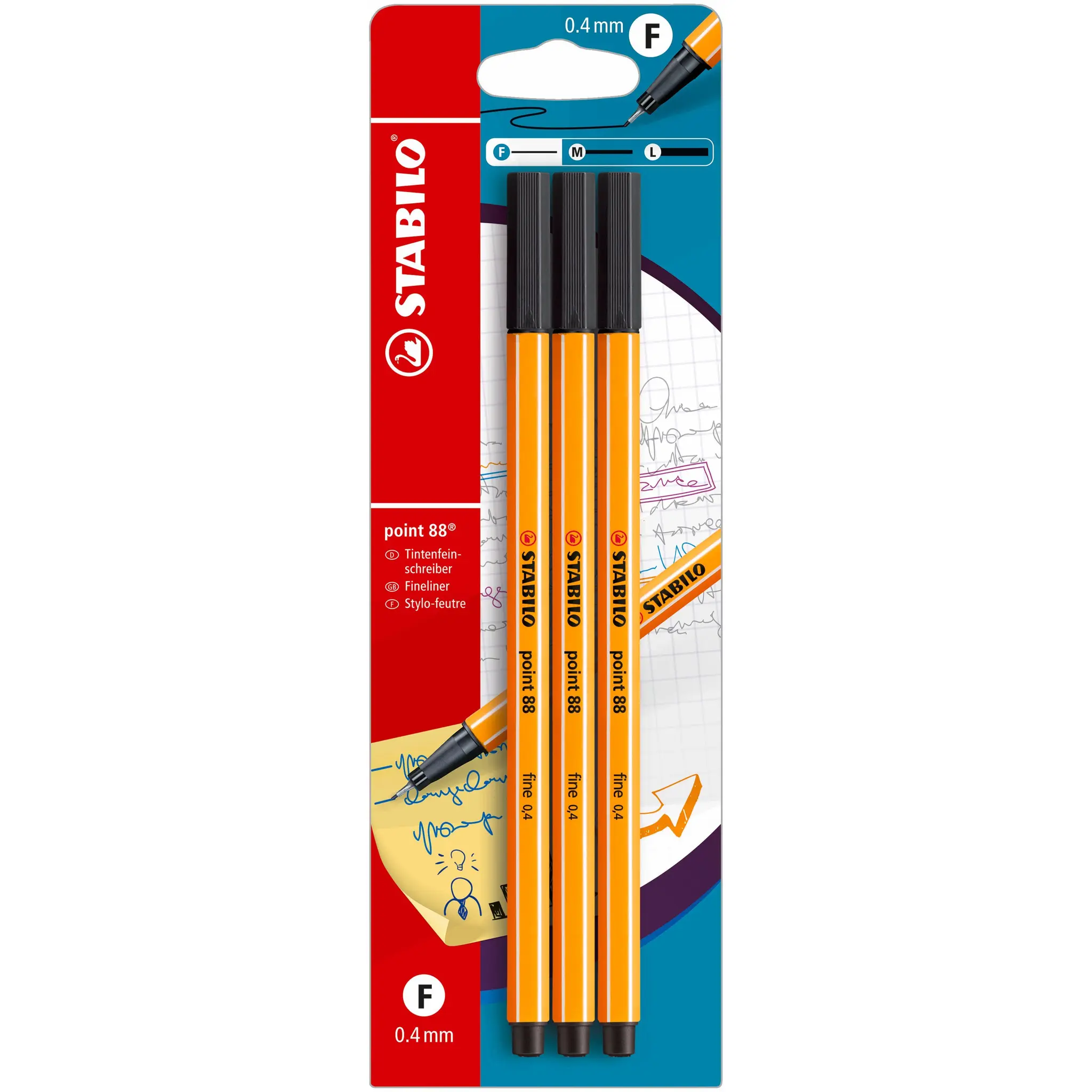 STABILO 3 feutres Point 88 Pointe fine 0.4mm - Noir
