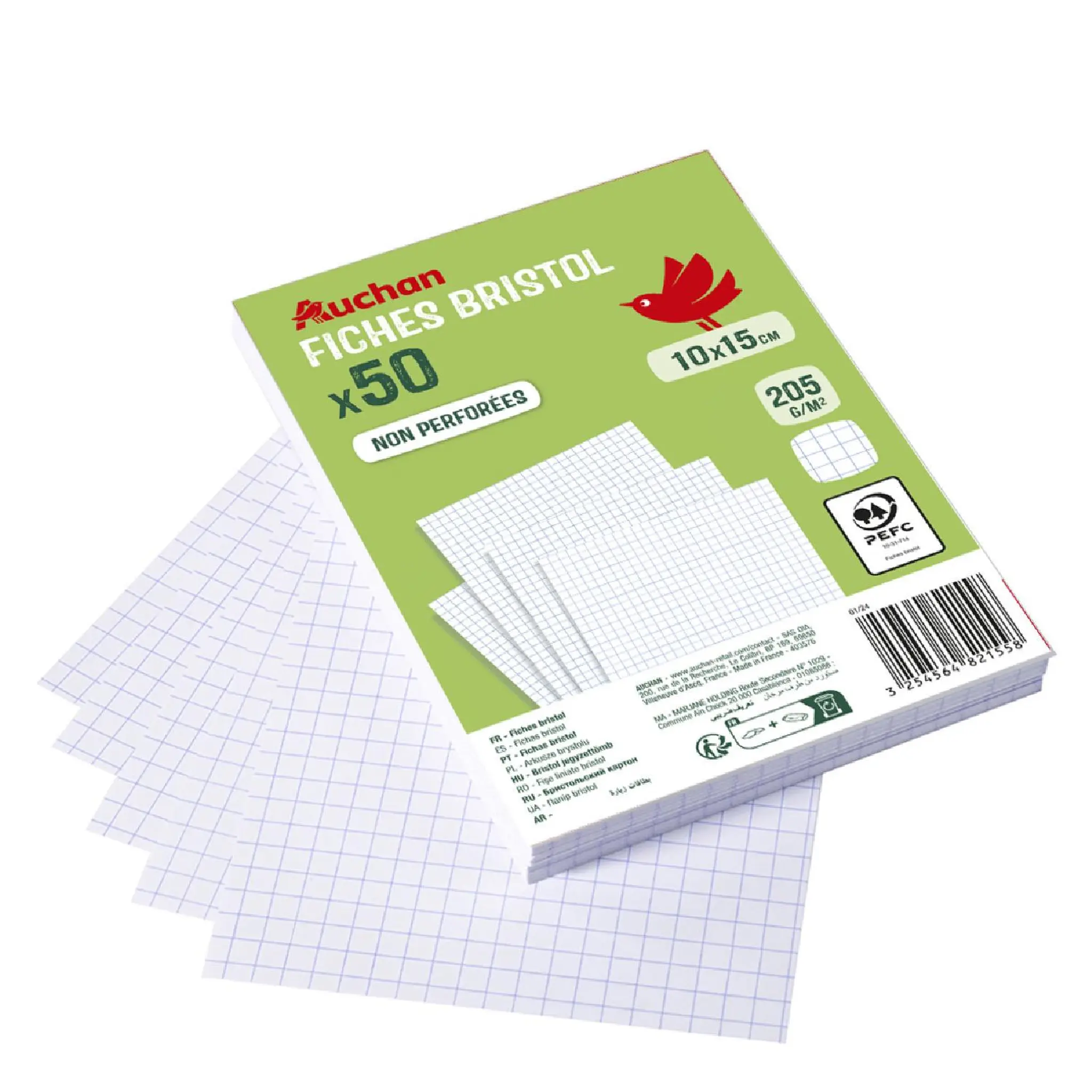 AUCHAN Lot de 50 fiches bristol 10x15cm petits carreaux 5x5 non perforées