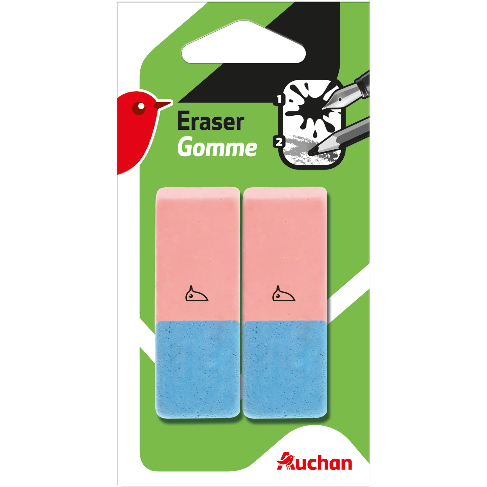 AUCHAN Lot de 2 gommes 2 usages