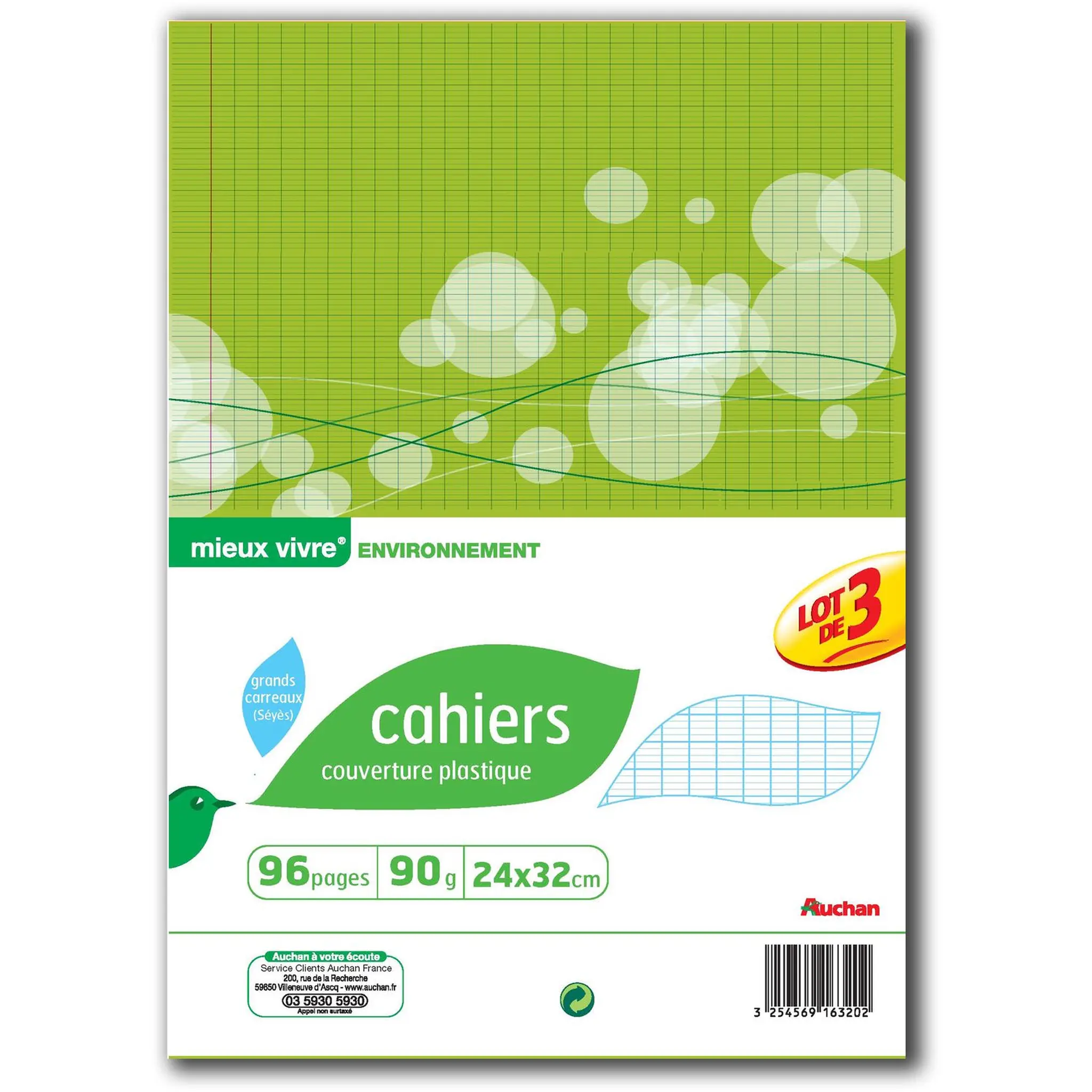 AUCHAN Cahiers piqués seyes 24x32cm - 96 pages grands carreaux