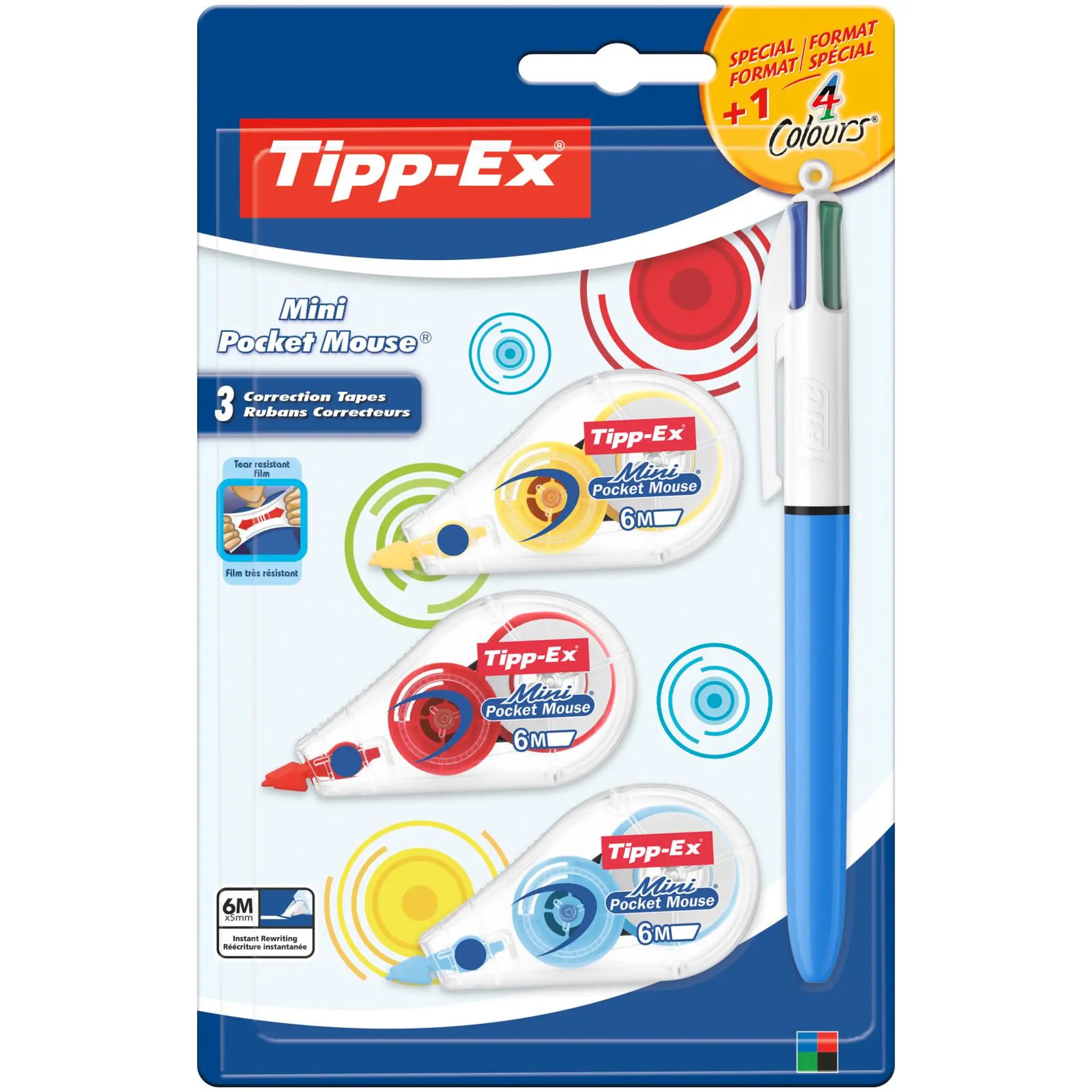 BIC Lot de 3 mini souris correctrices 6m jaune, rouge et bleu + 1 stylo 4 couleurs rétractable bleu