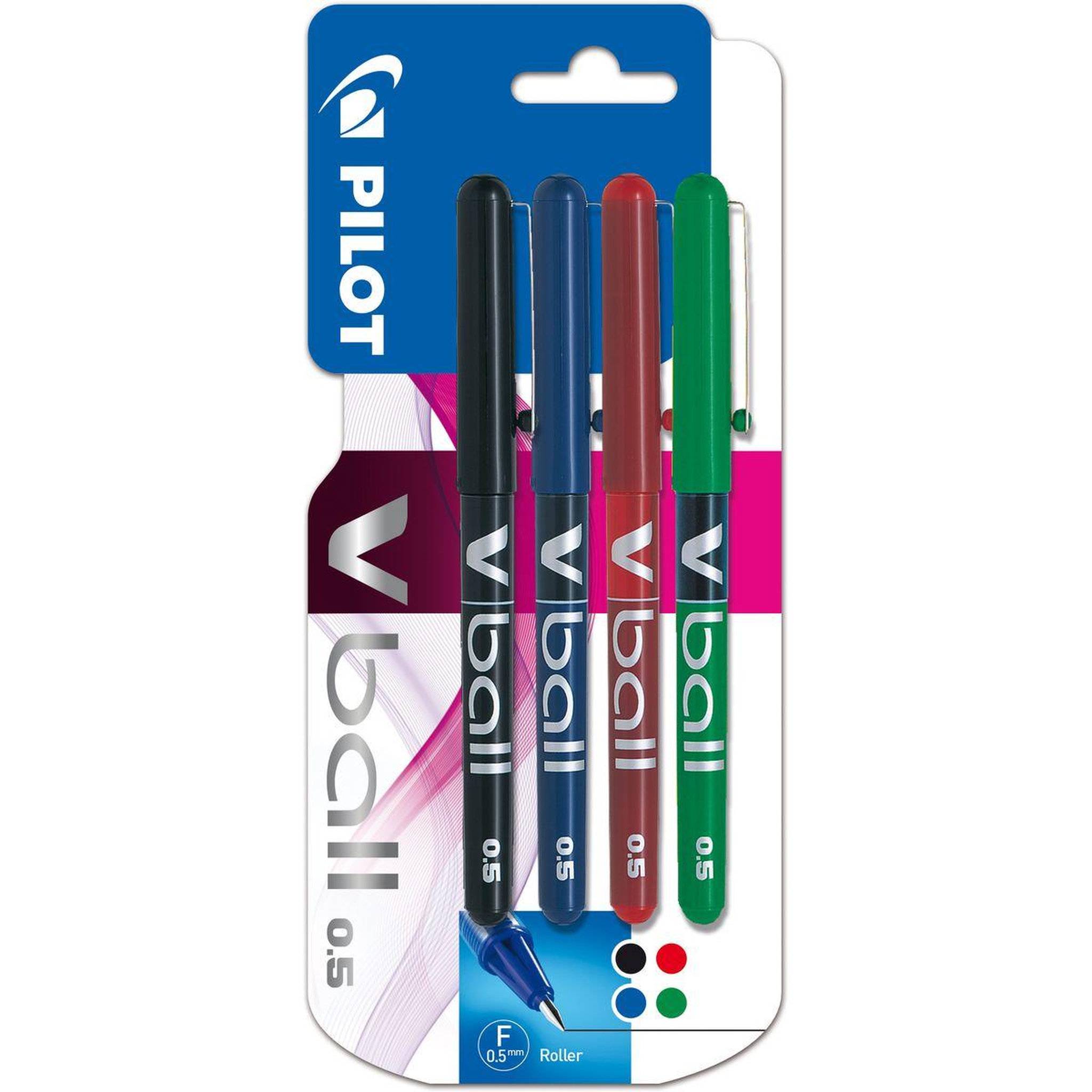 PILOT Lot de 4 stylos roller pointe fine 0.5mm noir/bleu/vert/rouge V-Ball 0.5