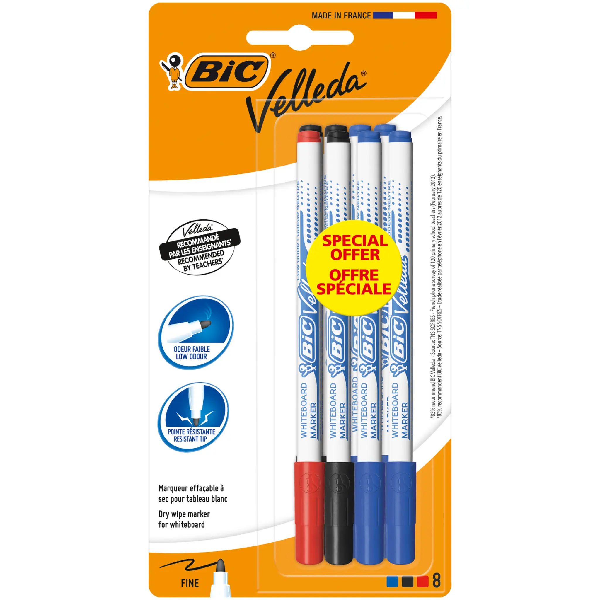 BIC Lot de 8 marqueurs pour tableau blanc effaçables à sec pointe conique fine noir/bleu/rouge VELLEDA