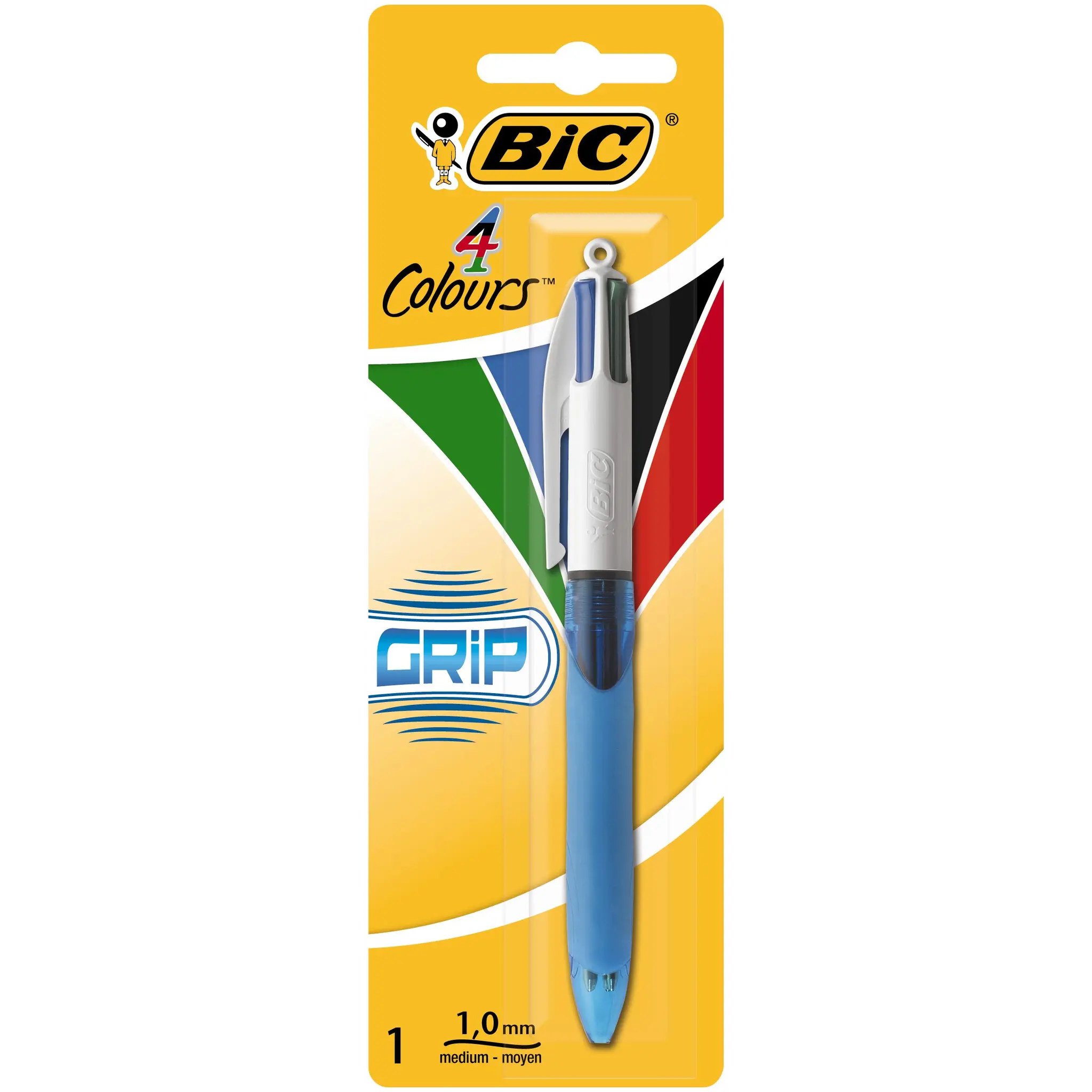 BIC Stylo bille 4 couleurs rétractable pointe moyenne GRIP bleu