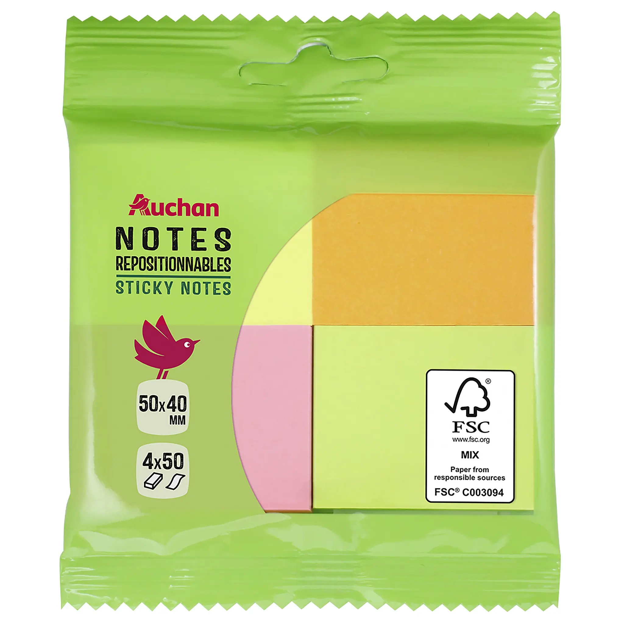 AUCHAN Cubes bloc notes 4x50 feuilles 50x40mm coloris assortis