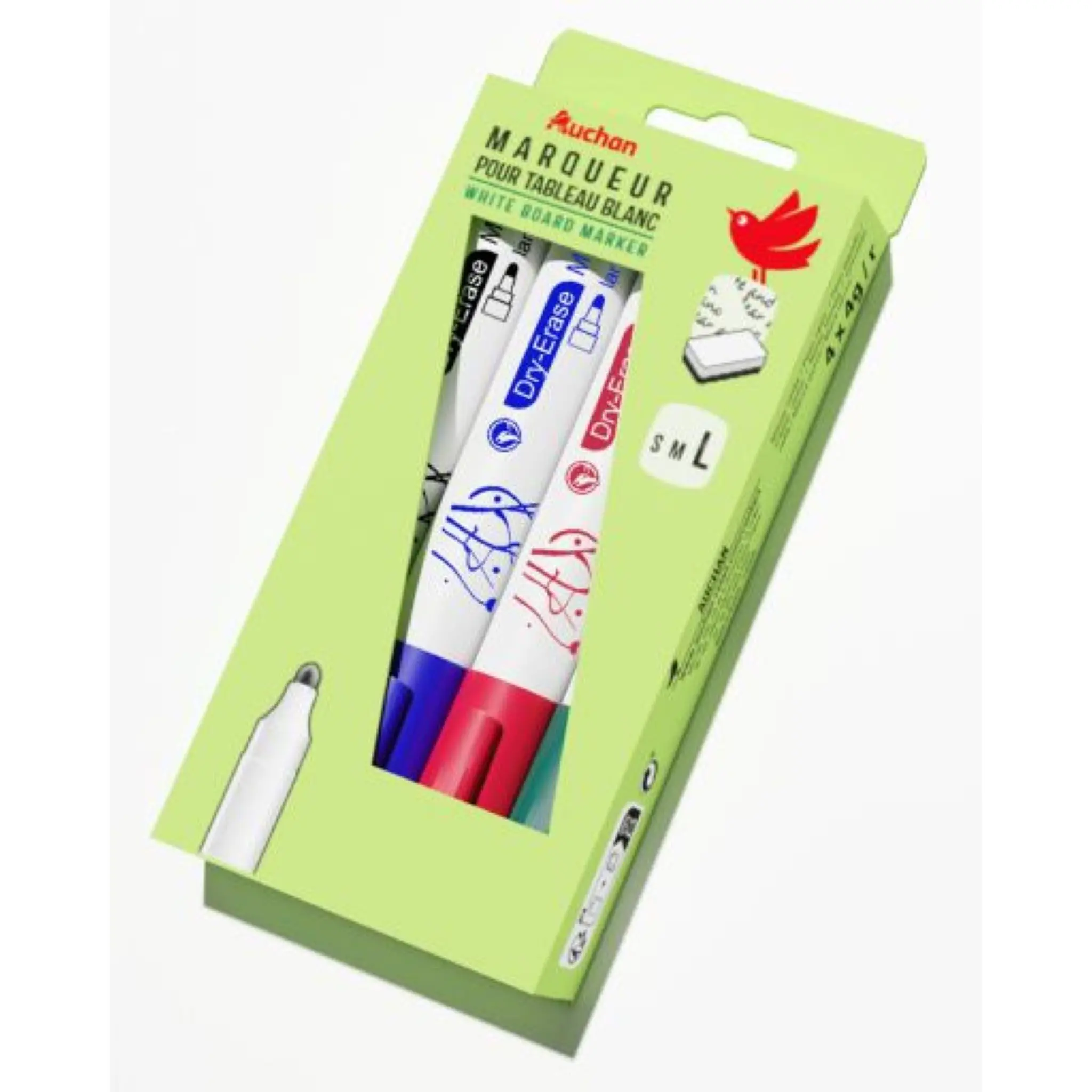 AUCHAN Lot de 4 marqueurs effaçables à sec pointes larges noir - rouge - vert - bleu