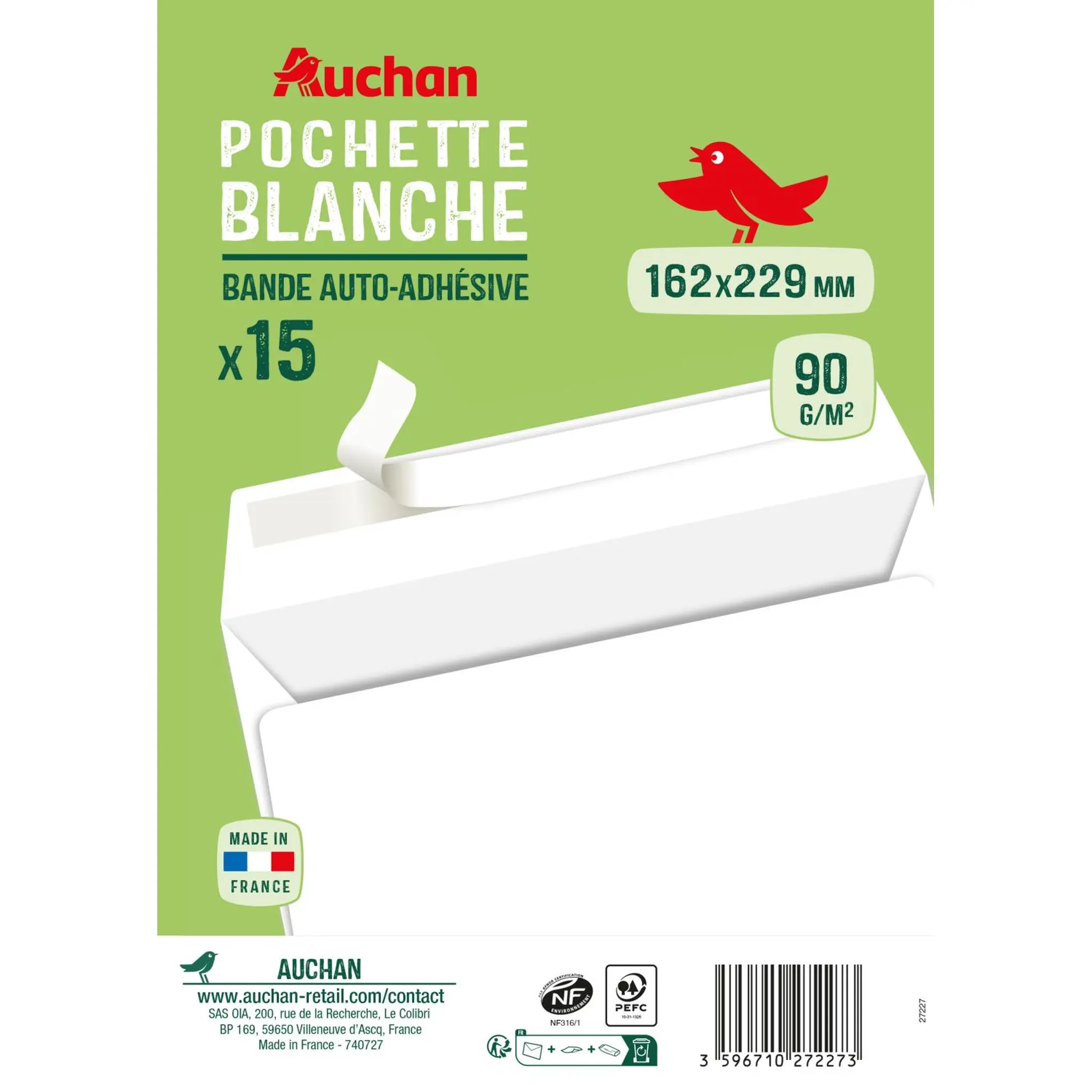AUCHAN Pochette blanche à bande auto-adhésive 162x229 mm x15