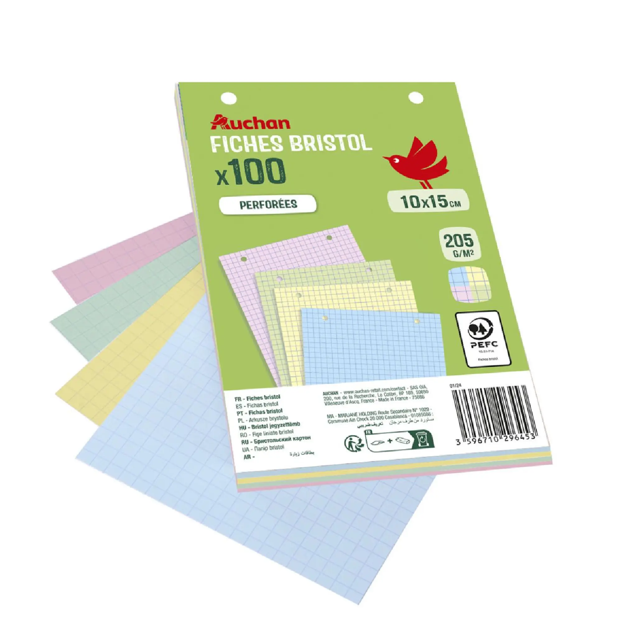 AUCHAN Lot de 100 fiches bristol 10x15cm petits carreaux 5x5 perforées - couleurs assorties