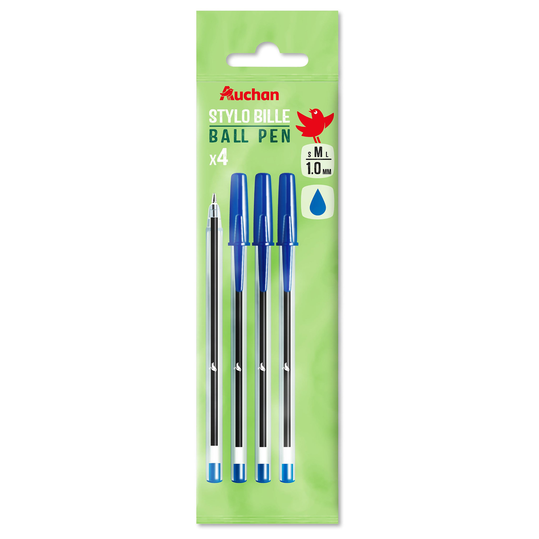 AUCHAN Lot de 4 stylos bille bleus pointe moyenne 1 mm en bouteille recyclée