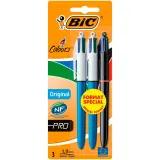 BIC Lot de 3 stylos bille rétractables 4 couleurs pointe moyenne 1mm