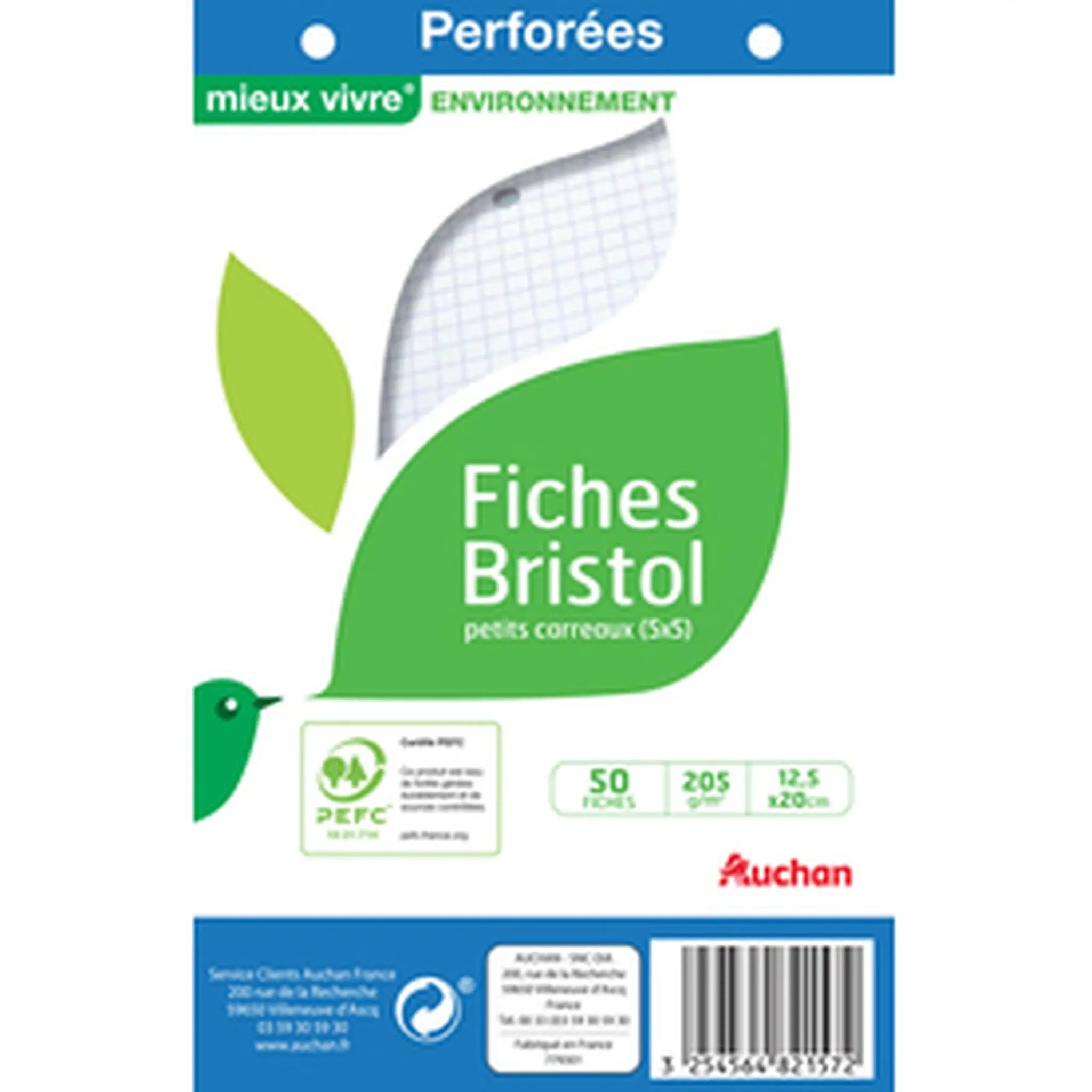 AUCHAN Lot de 50 fiches bristol 12,5x20cm petits carreaux 5x5 perforées