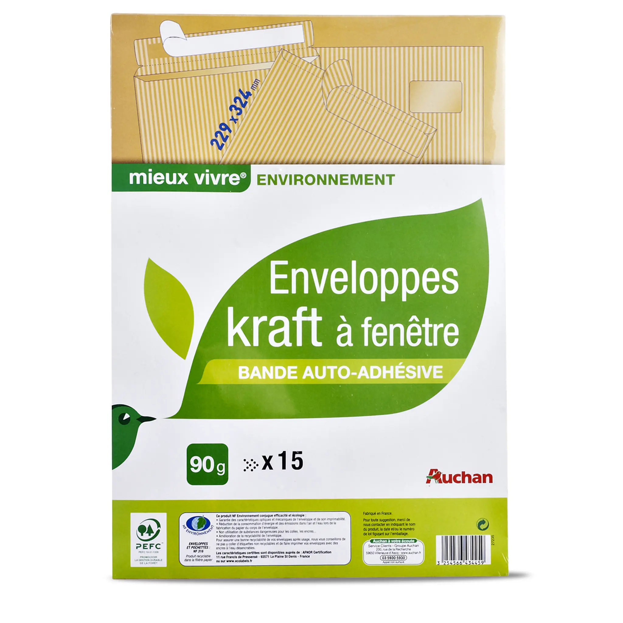 AUCHAN Enveloppes papier kraft à fenêtre 229x324 mm auto adhésive x15