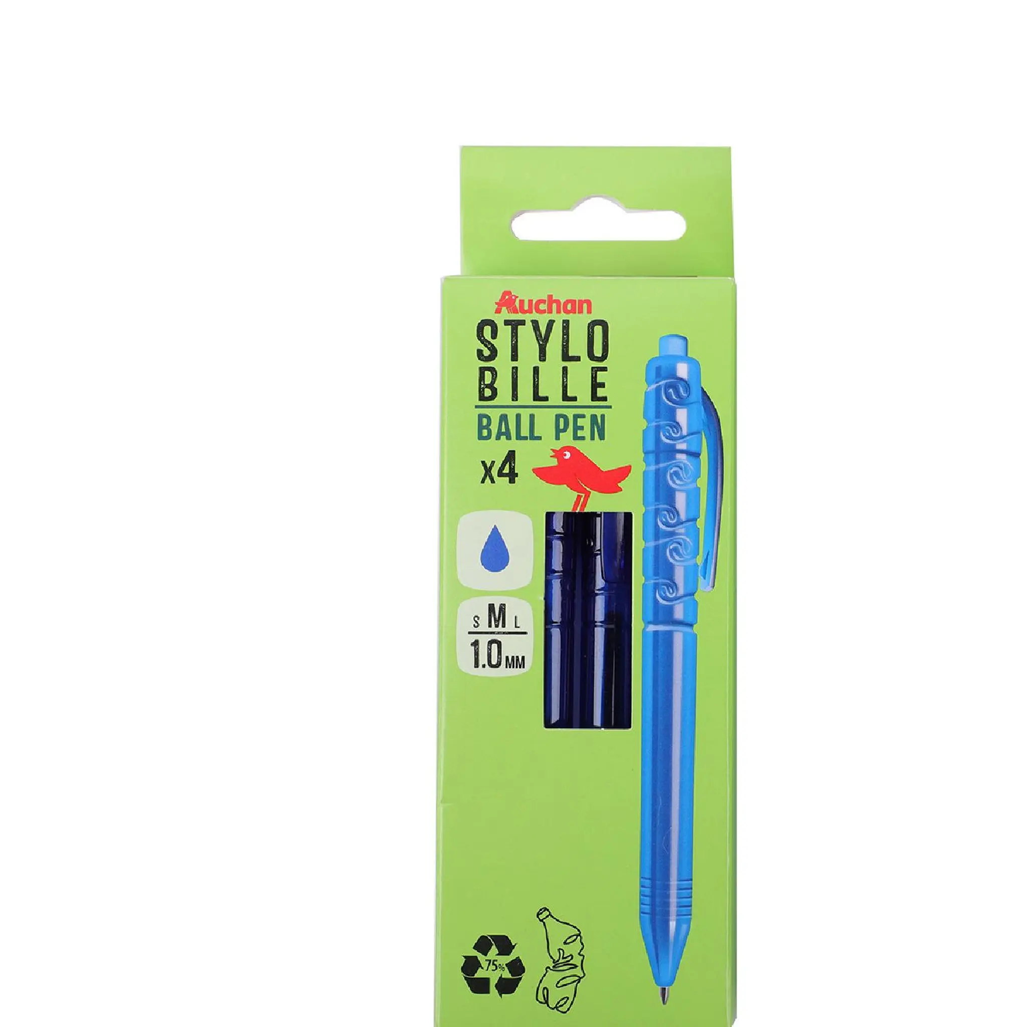 AUCHAN Stylo Bille Rétractable Pointe 1mm Bouteille recyclé - Bleu