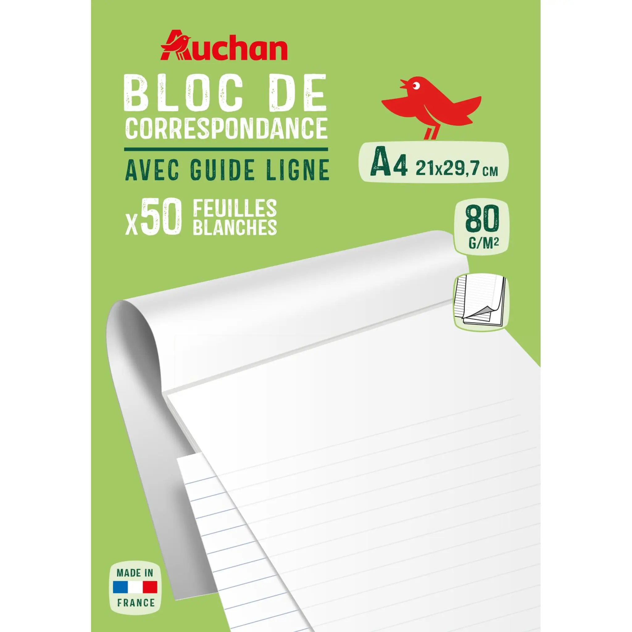 AUCHAN Bloc de correspondance  A4 21X29,7 avec guide ligne
