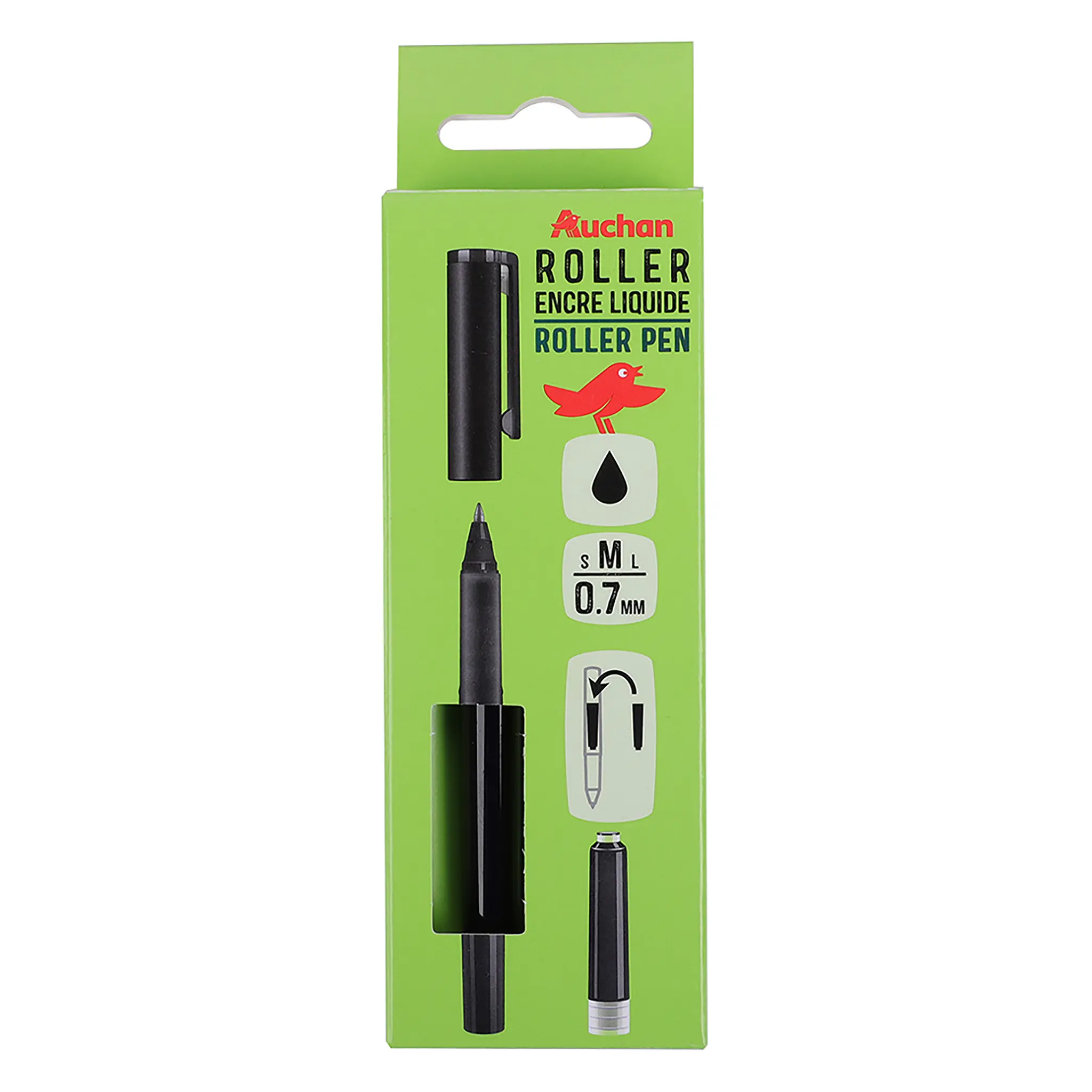 AUCHAN Stylo roller pointe moyenne 0.7mm Noir + 1 recharge