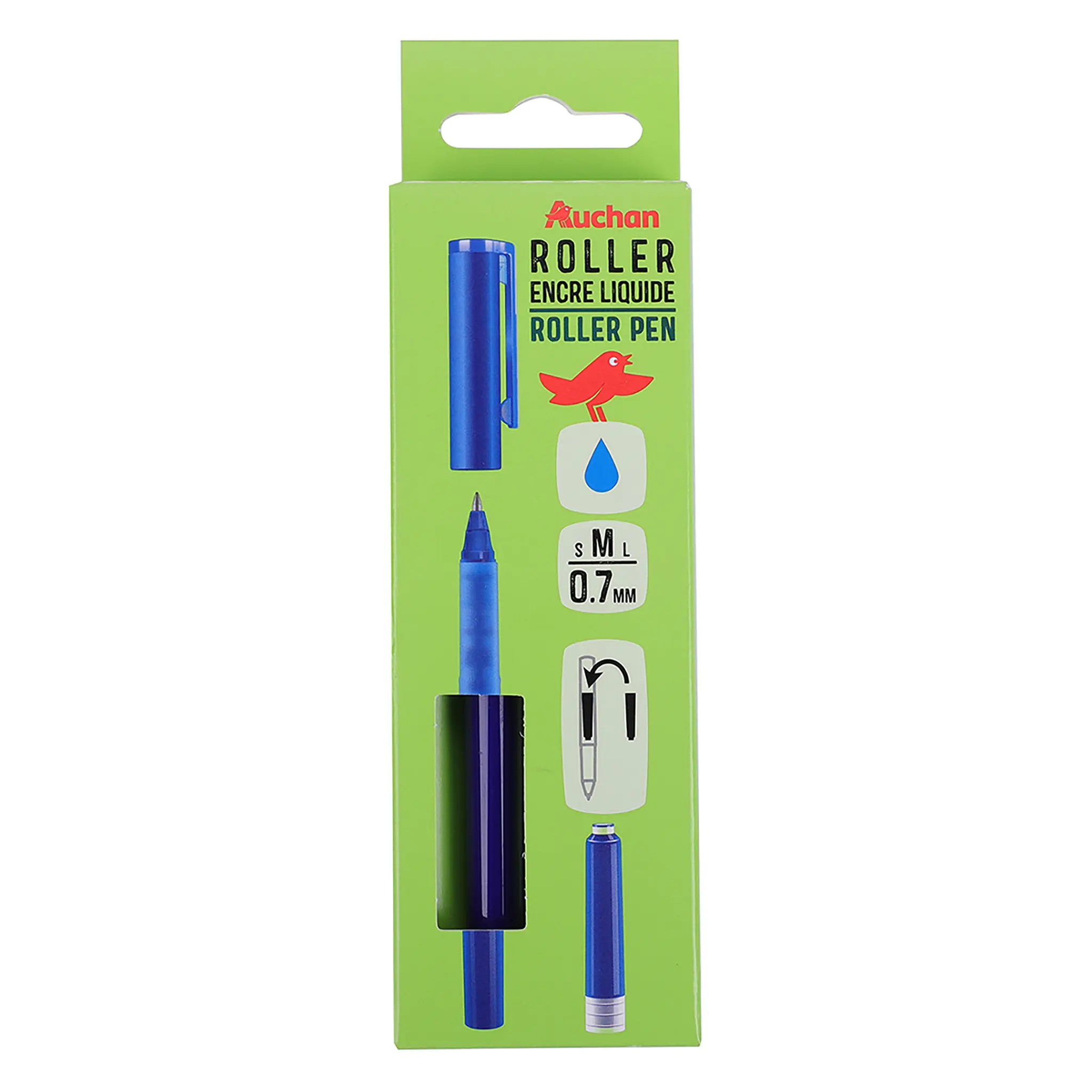 AUCHAN Stylo roller pointe moyenne 0.7mm bleu + 1 recharge