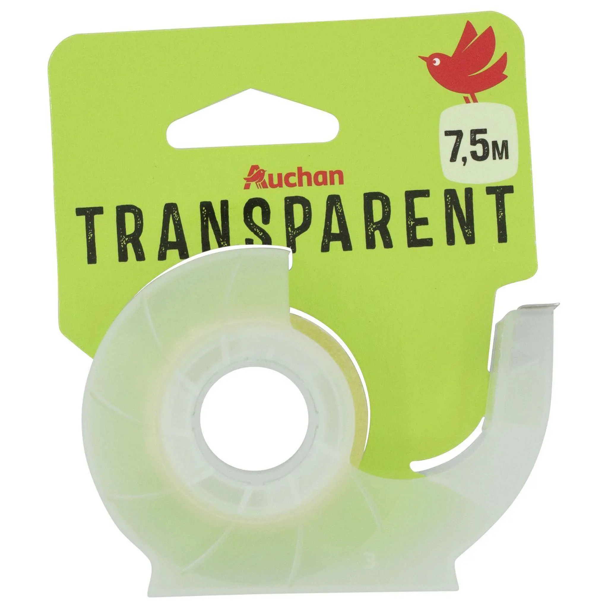 AUCHAN Rouleau ruban adhésif 7,5m transparent avec dévidoir blanc