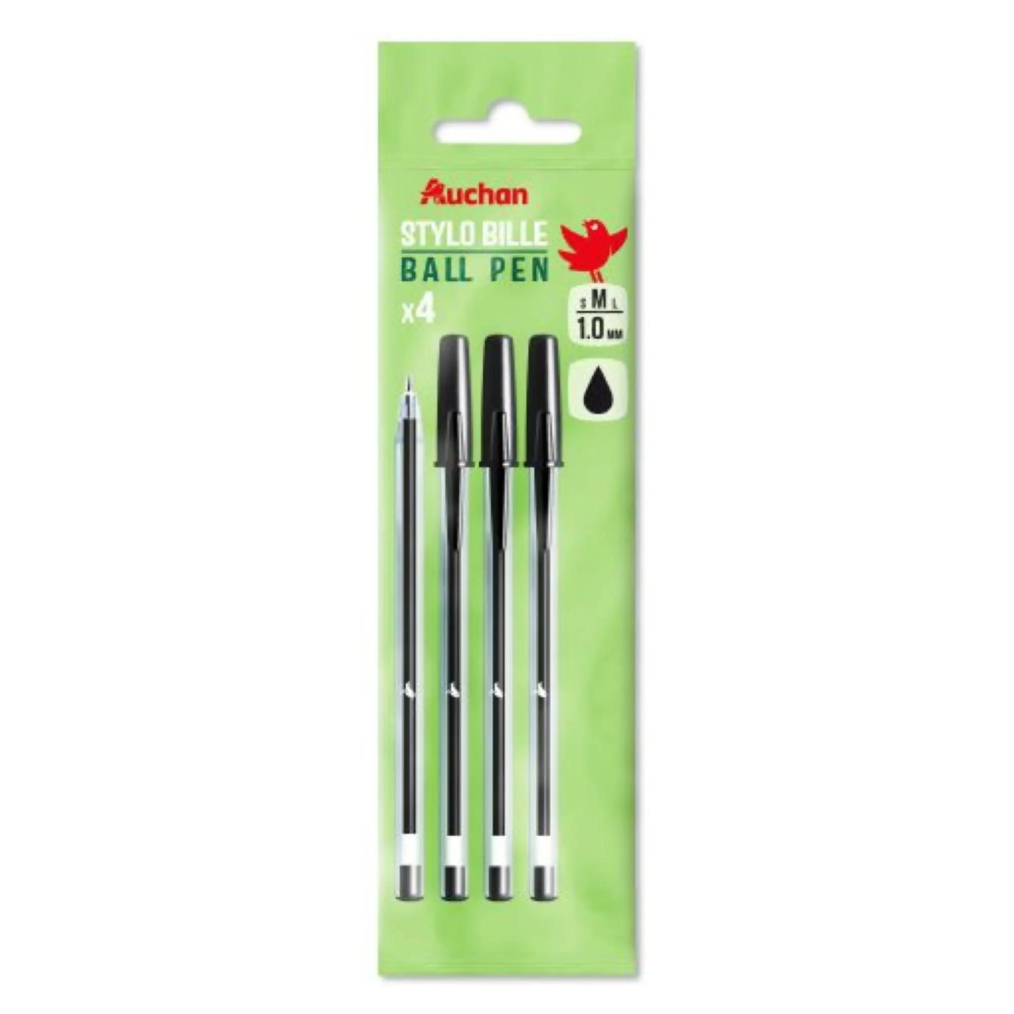 AUCHAN Lot de 4 stylos bille noirs pointe moyenne 1 mm en bouteille recyclée