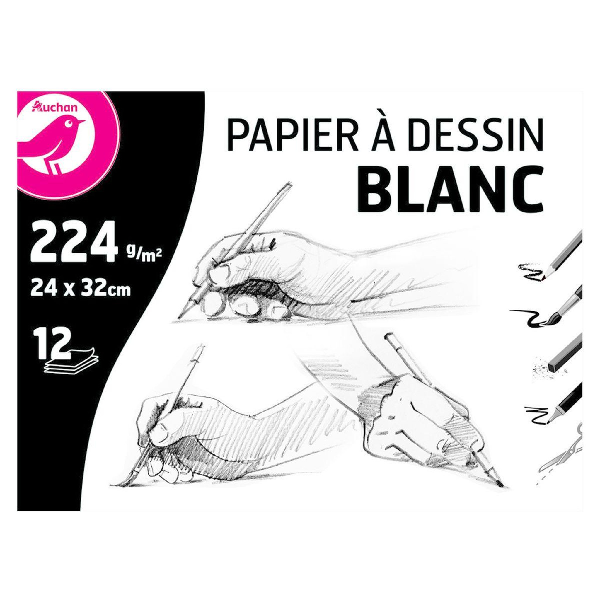 AUCHAN Pochette de papier à dessin 12 feuilles 24x32cm 224g/m2 blanc