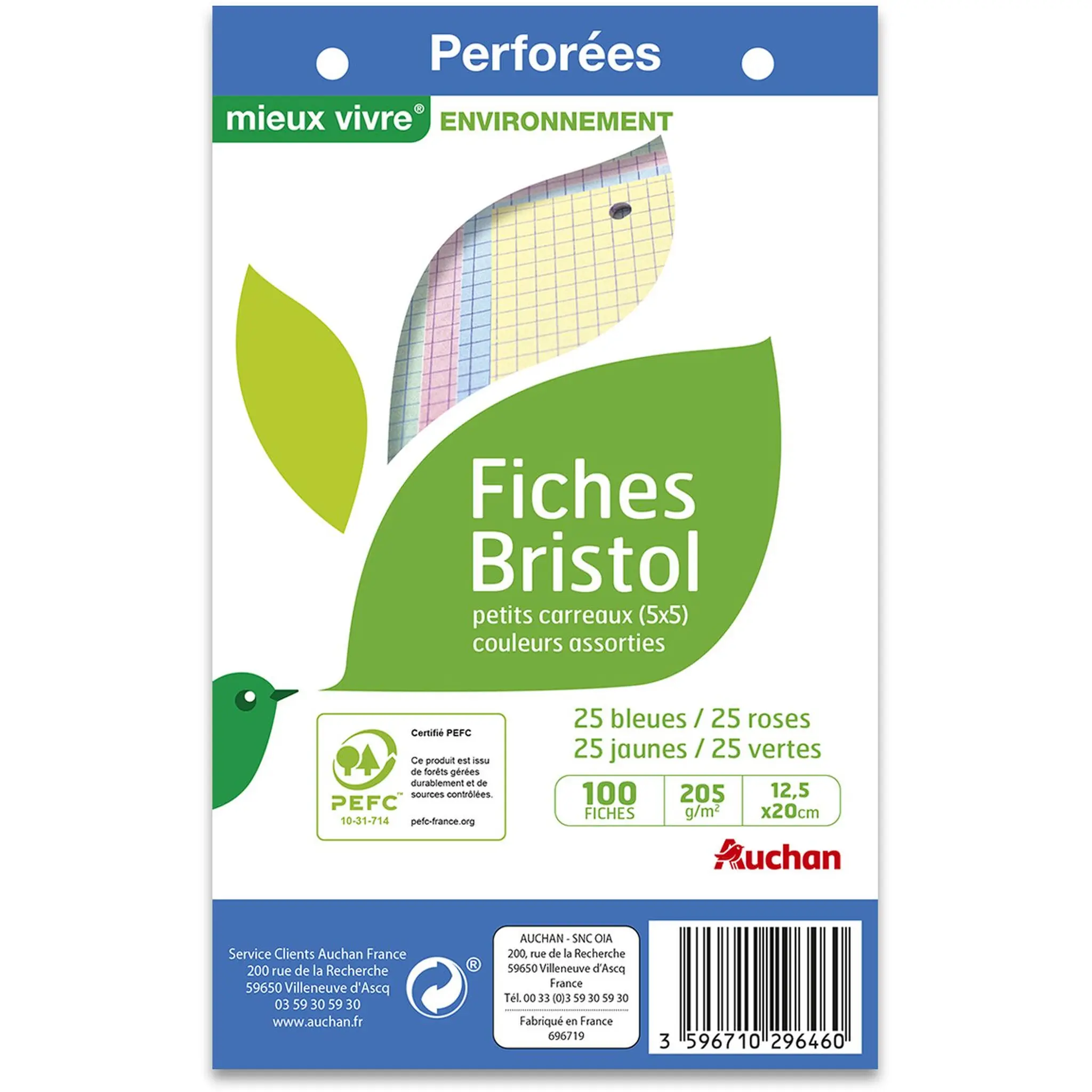 AUCHAN Fiches bristol perforées 12,5x20cm colorées