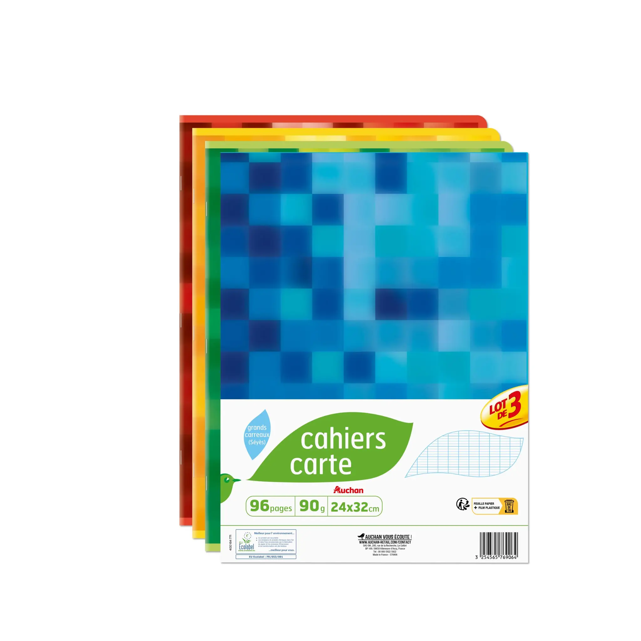 AUCHAN Lot de 3 cahiers piqués 24x32cm 96 pages grands carreaux Seyes motif triangles