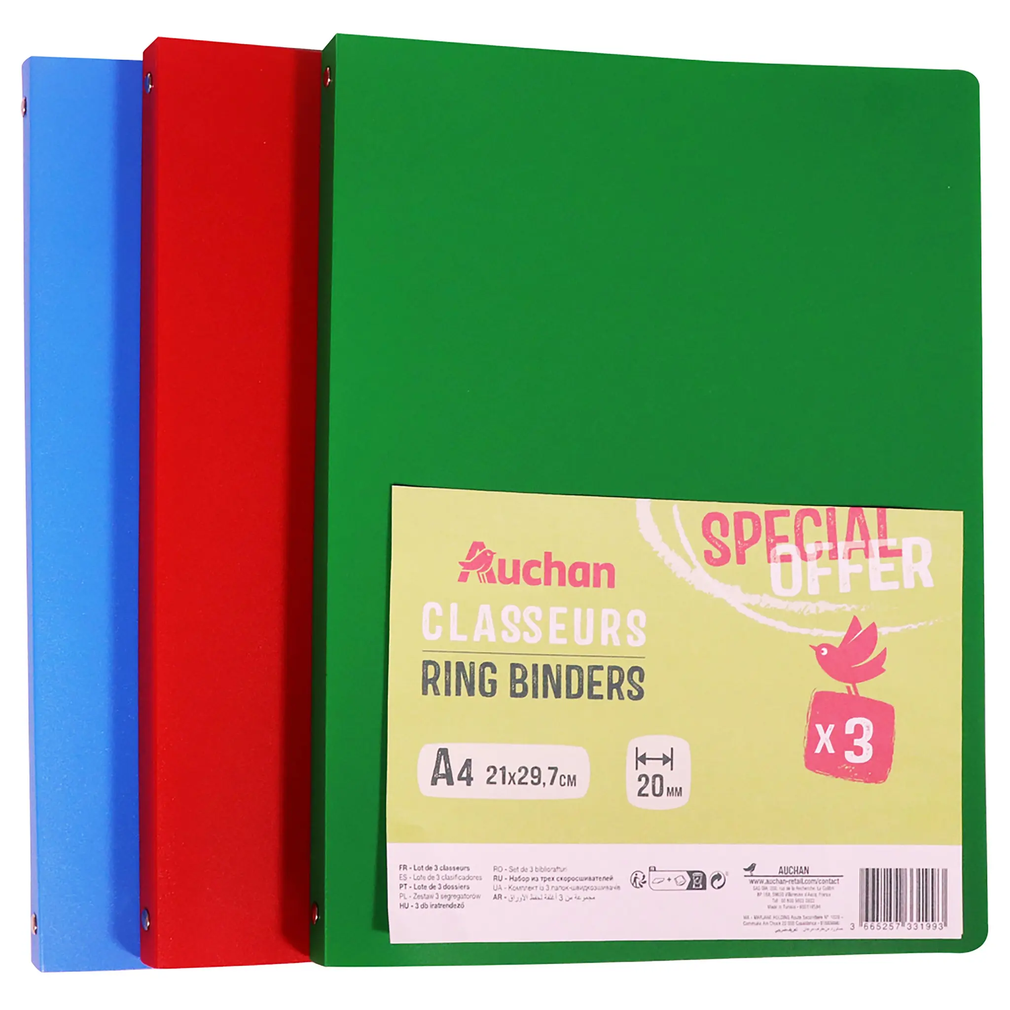 AUCHAN Lot de 3 classeurs souples 20mm 4 anneaux - Couleurs Vives