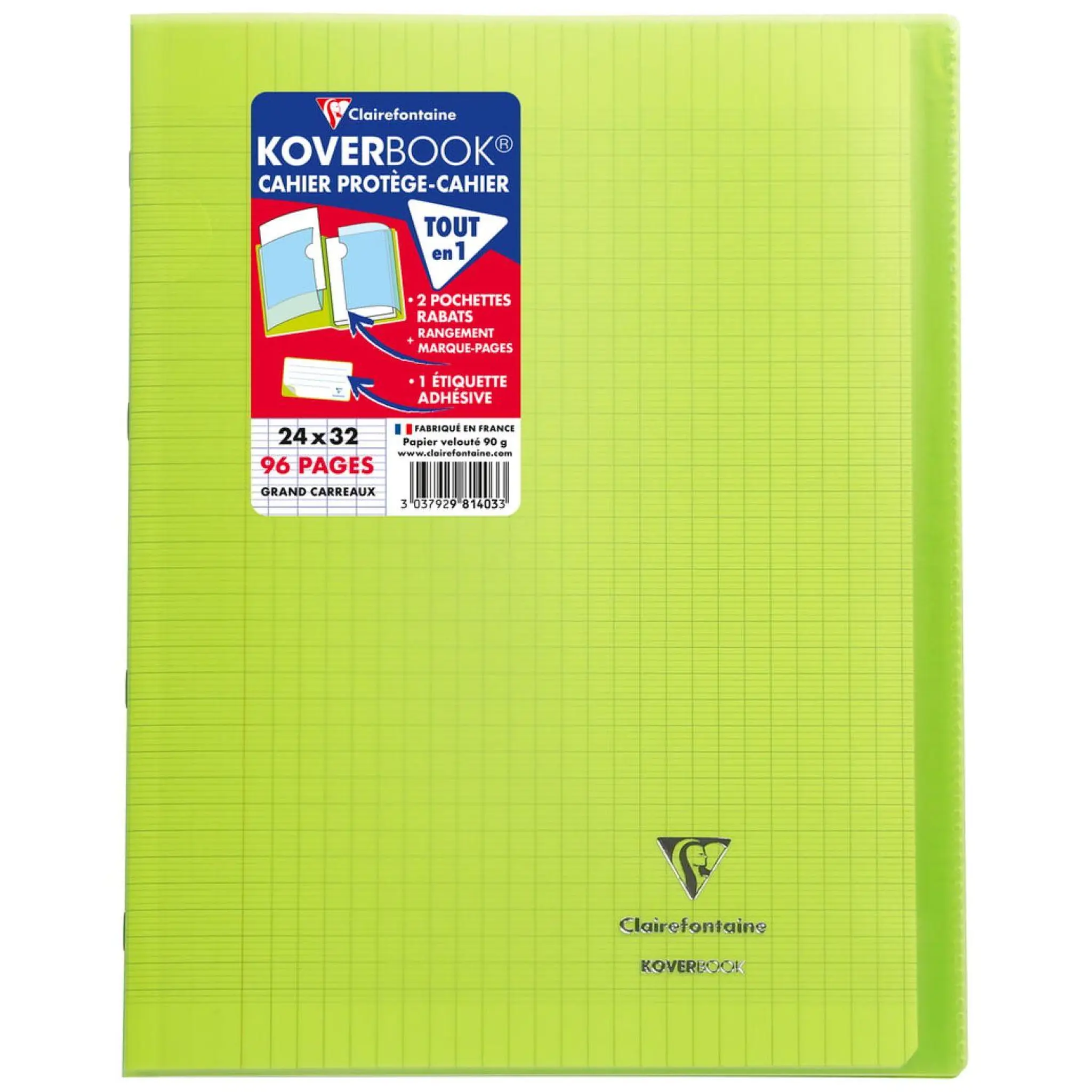 CLAIREFONTAINE Cahier piqué 24x32cm 96 pages grands carreaux Seyes - Vert