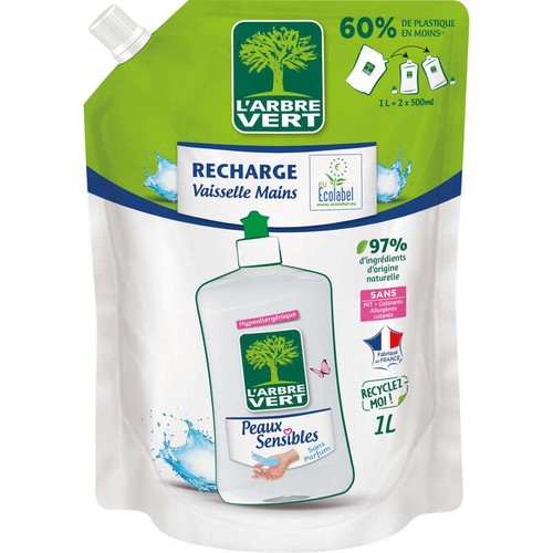 L'Arbre Vert Recharge Liquide vaisselle peaux sensibles écolabel - hypoallergénique - 97% d'ingrédients d'origine naturelle - 1L