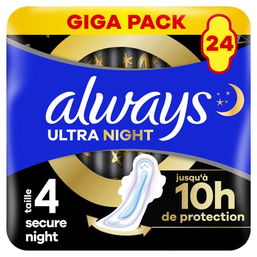Always Ultra Serviettes Menstruelles Secure Night Avec Ailettes  Taille 4 x24